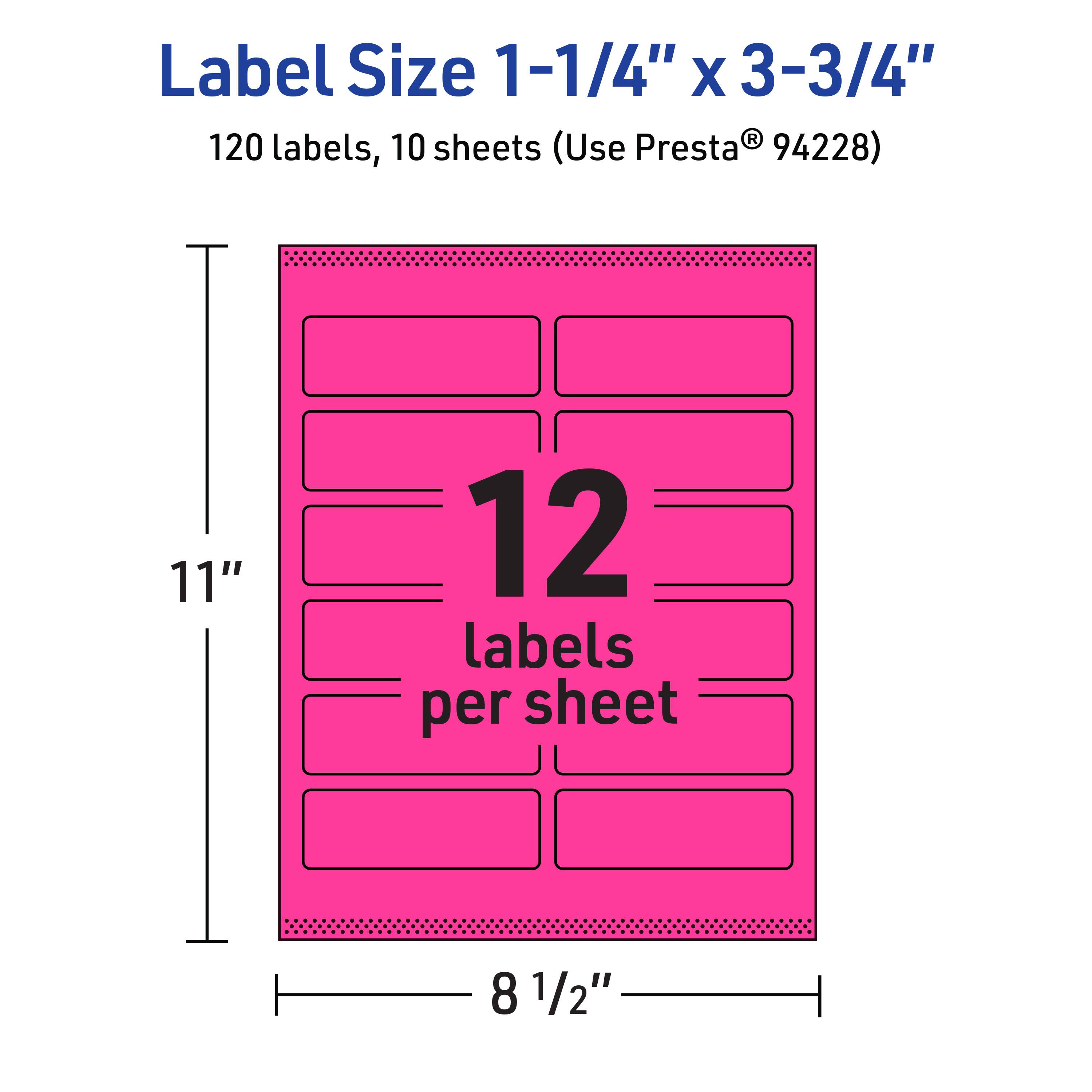 Label Size 1-1/4" x 3-3/4"  
120 labels, 10 sheets (Use Presta® 94228)  
12 labels per sheet  
11" x 8 1/2"