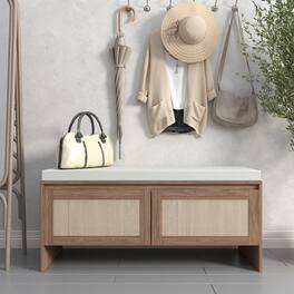 Ropilly - Rattan Storage Bench with Cushion, Mid-Century Modern Wood Entryway Seat Shoe Cabinet with Doors, Finish - Natural