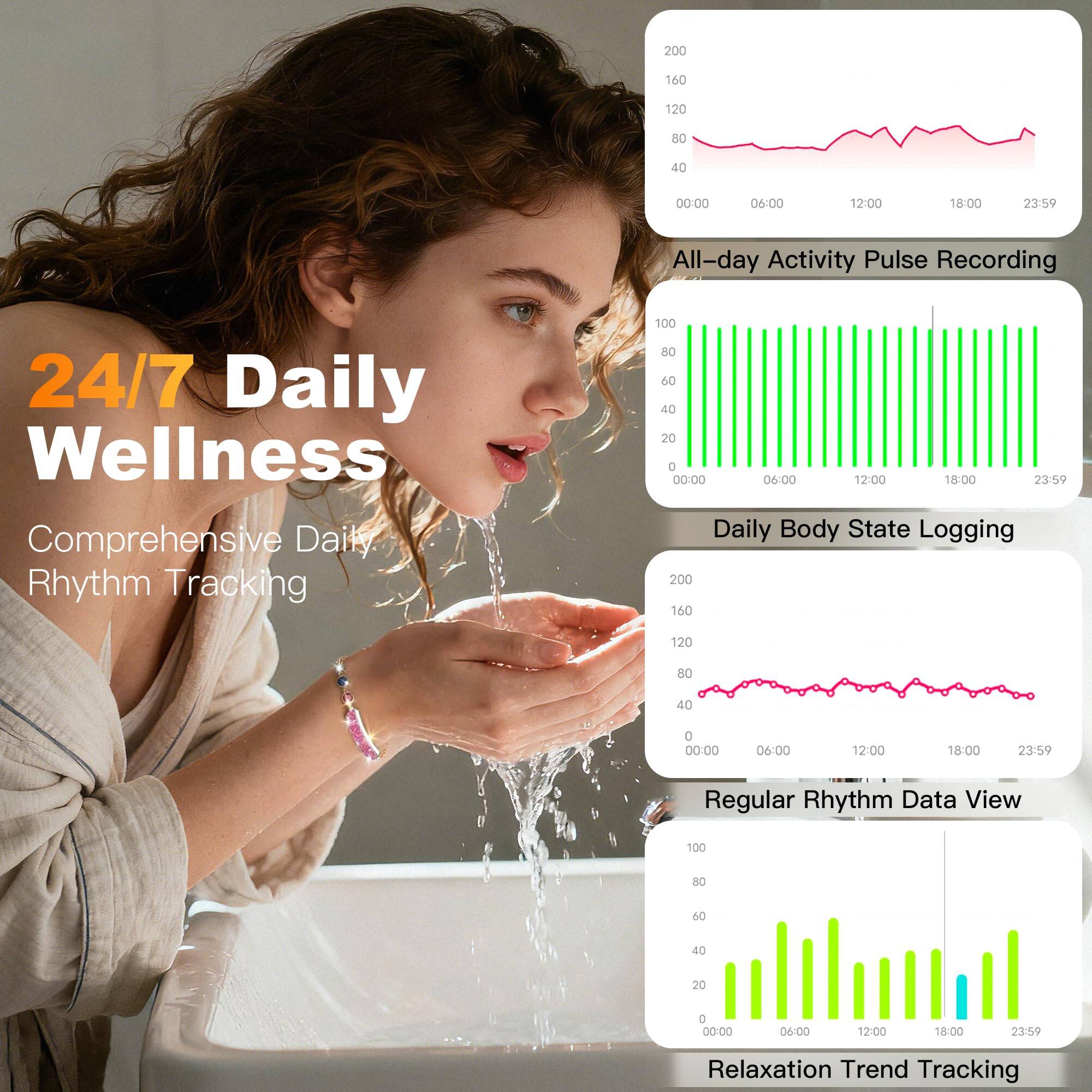 200 160 120 80 40  
00:00 06:00 12:00 18:00 23:59  
All-day Activity Pulse Recording  
24/7 Daily Wellness  
Comprehensive Daily Rhythm Tracking  

100 80 60 40 20  
00:00 06:00 12:00 18:00 23:59  
Daily Body State Logging  

200 160 120 80 40  
00:00 06:00 12:00 18:00 23:59  
Regular Rhythm Data View  

100 80 50 40 20  
00:00 06:00 12:00 18:00 23:59  
Relaxation Trend Tracking