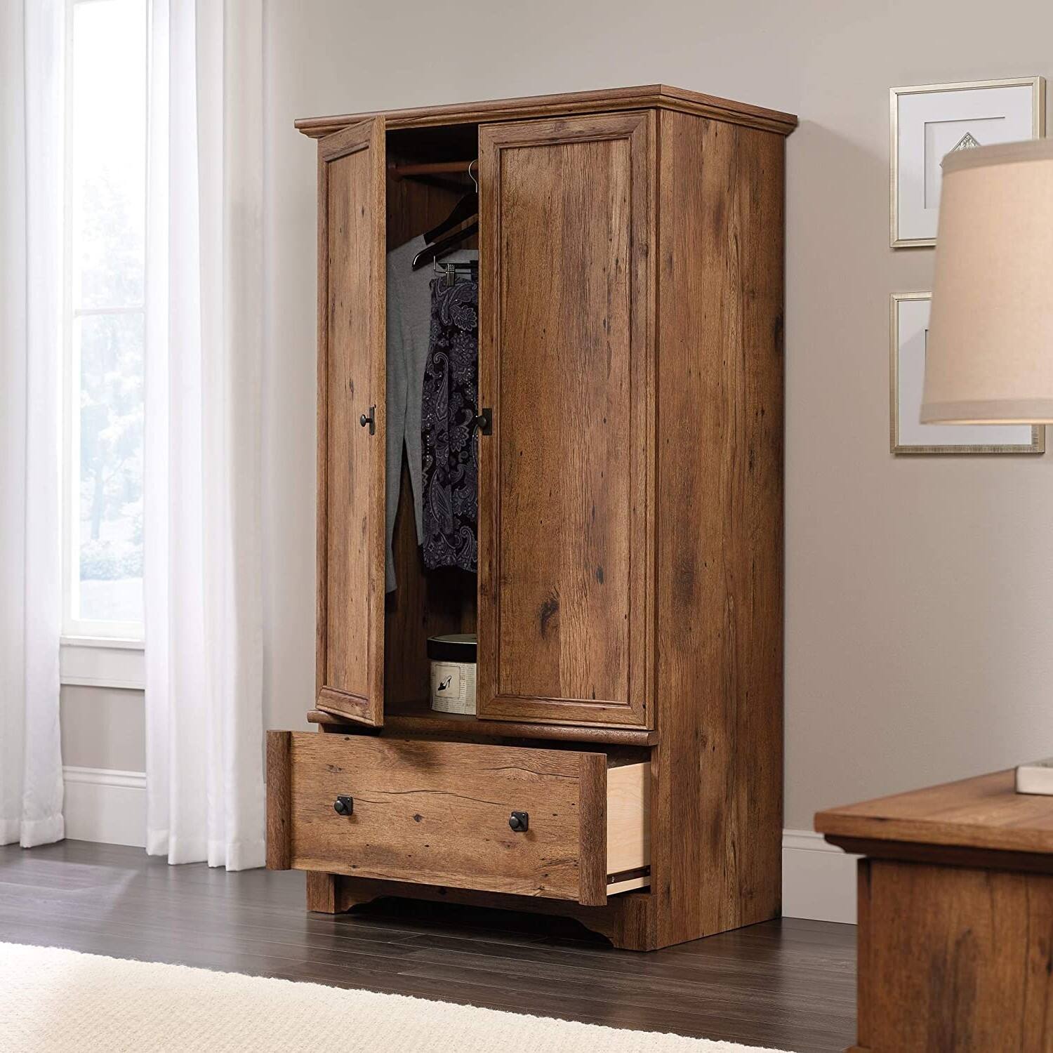Left. SlickBlue - Drawer and Hanging Rod Wardrobe Armoire for Clothes Organization - Rustic Oak.