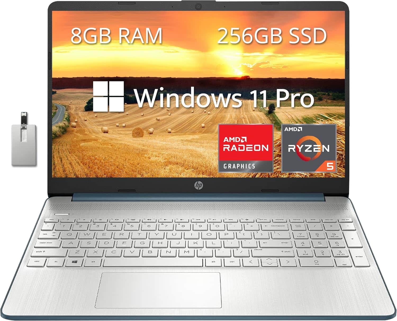 HP - 15.6" FHD Laptop,AMD Ryzen 5-5500UProcessor,8GB RAM,256GB PCIe SSD,AMD Radeon Graphics,Windows 11,32GB USB Card - Blue