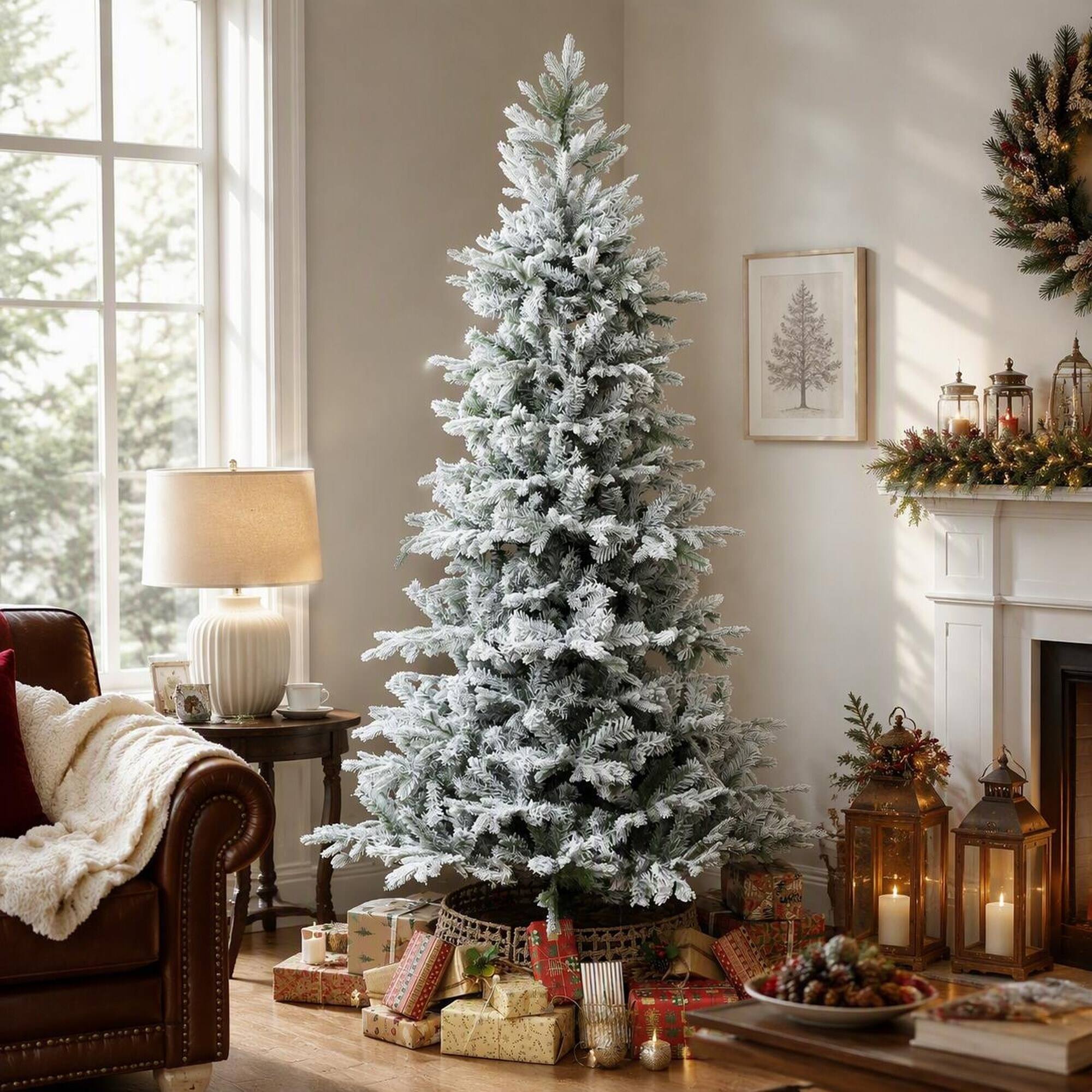 RYHNUYNE HOMCOM 7.5 Ft Artificial Frosted Christmas Tree, Realistic ...