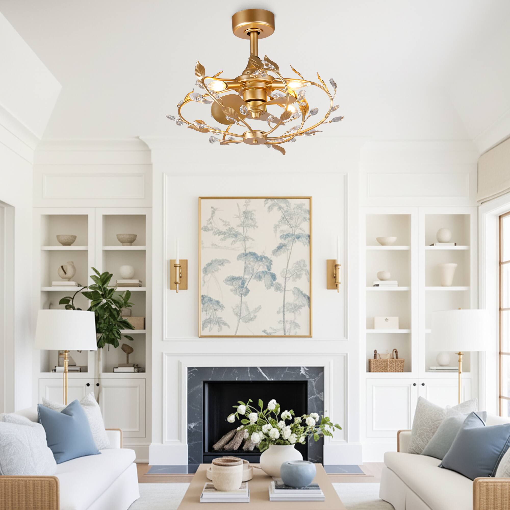 Angle. Parrot Uncle - 24" French Elegant Gold Crystal Leaf Fandelier Ceiling Fan with Remote - Gold.