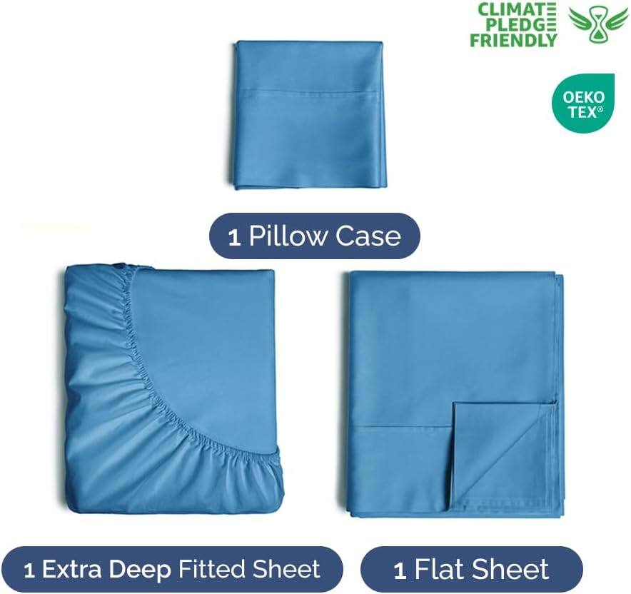 CLIMATE PLEDGE FRIENDLY  
OEKO TEX  

1 Pillow Case  
1 Extra Deep Fitted Sheet  
1 Flat Sheet