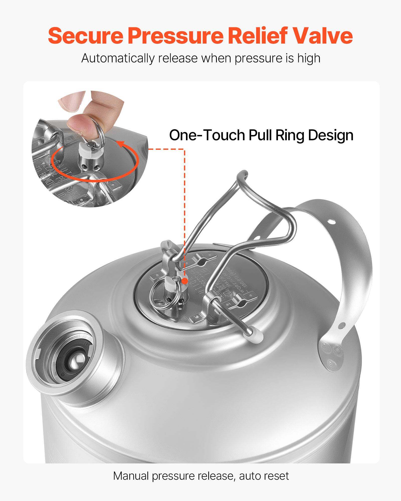 Secure Pressure Relief Valve  
Automatically release when pressure is high  

One-Touch Pull Ring Design  

Manual pressure release, auto reset