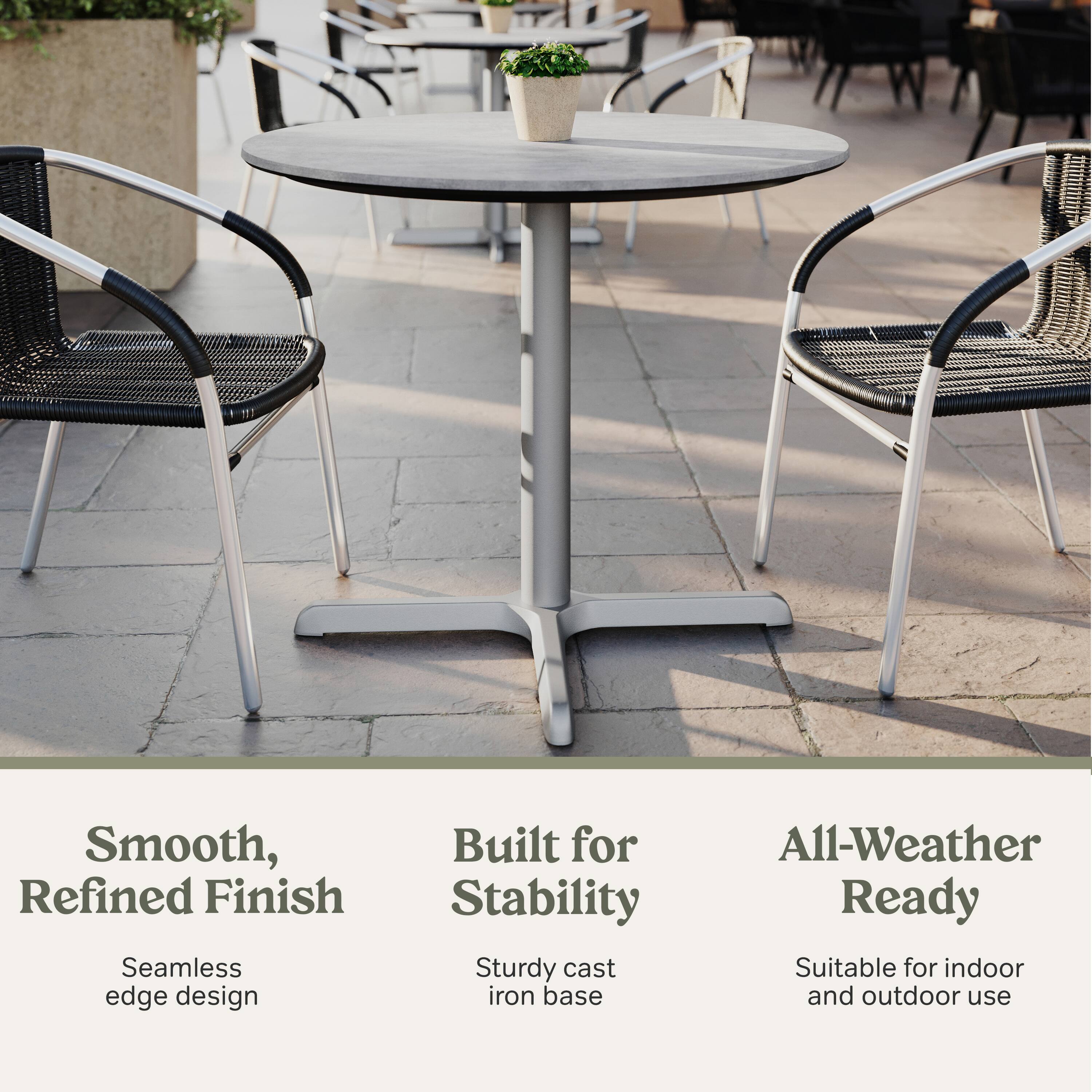 Smooth, Refined Finish  
Seamless edge design  

Built for Stability  
Sturdy cast iron base  

All-Weather Ready  
Suitable for indoor and outdoor use