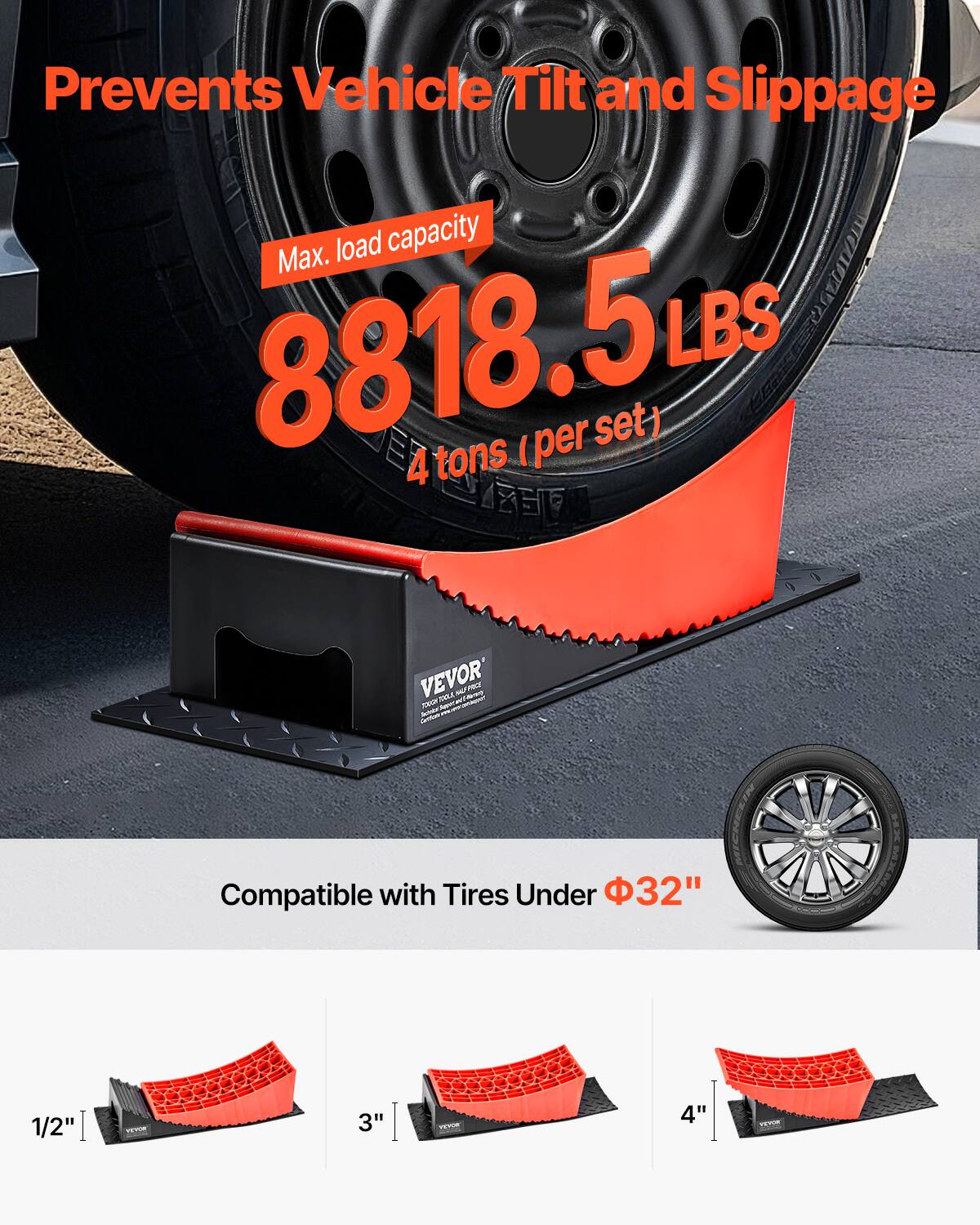 Prevents Vehicle Tilt and Slippage  
Max. load capacity 8818.5 LBS (4 tons per set)  
Compatible with Tires Under 32"  
1/2" 3" 4"