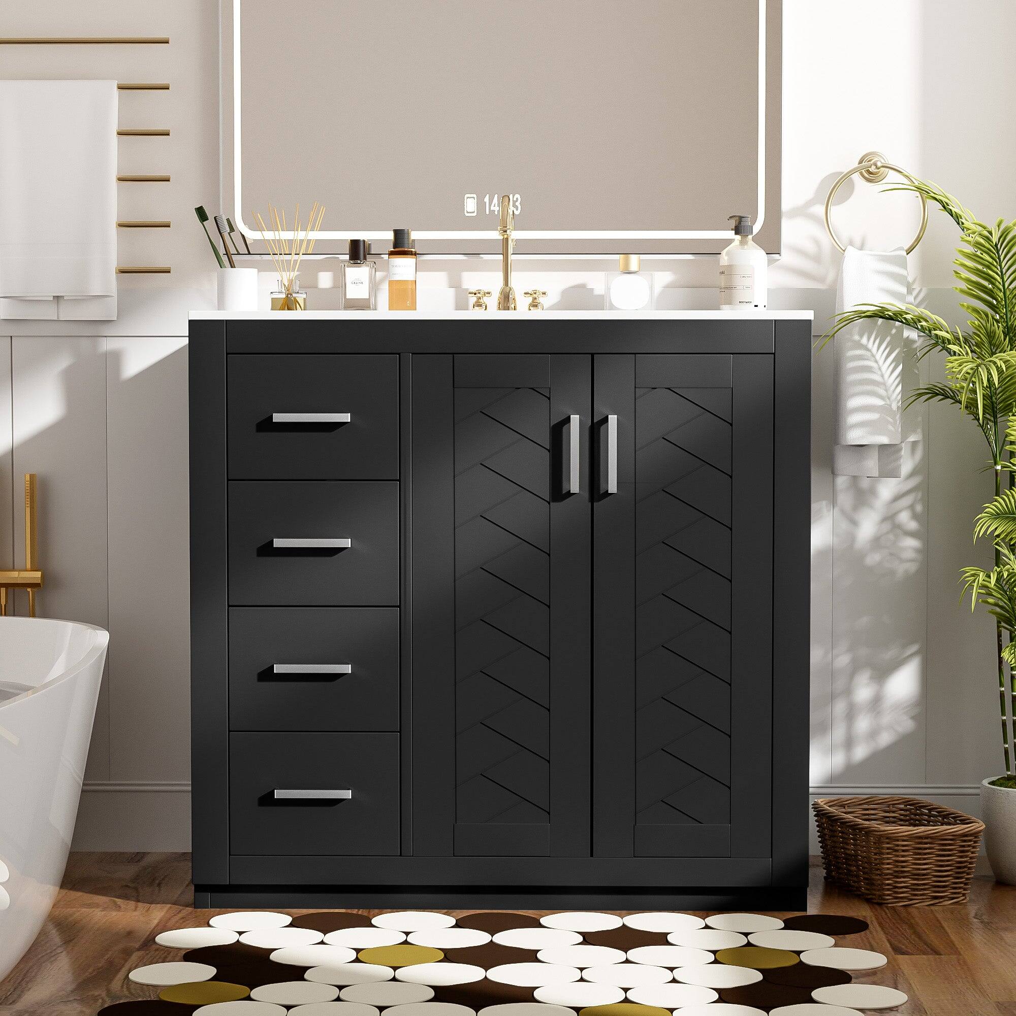 Alt View 1. Boyel Living - 36 Inch Bathroom Vanity with Ceramic Sink Solid Wood Frame 3 Drawers 2 Doors Black - Black.