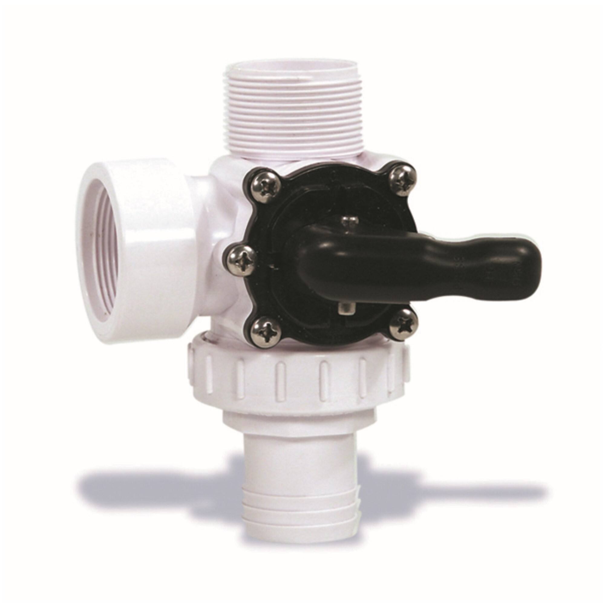 Front. Swim Central - HydroTools Swimming Pool and Spa Standard Left Outlet 3-Way Ball Valve - 6.25" - White.