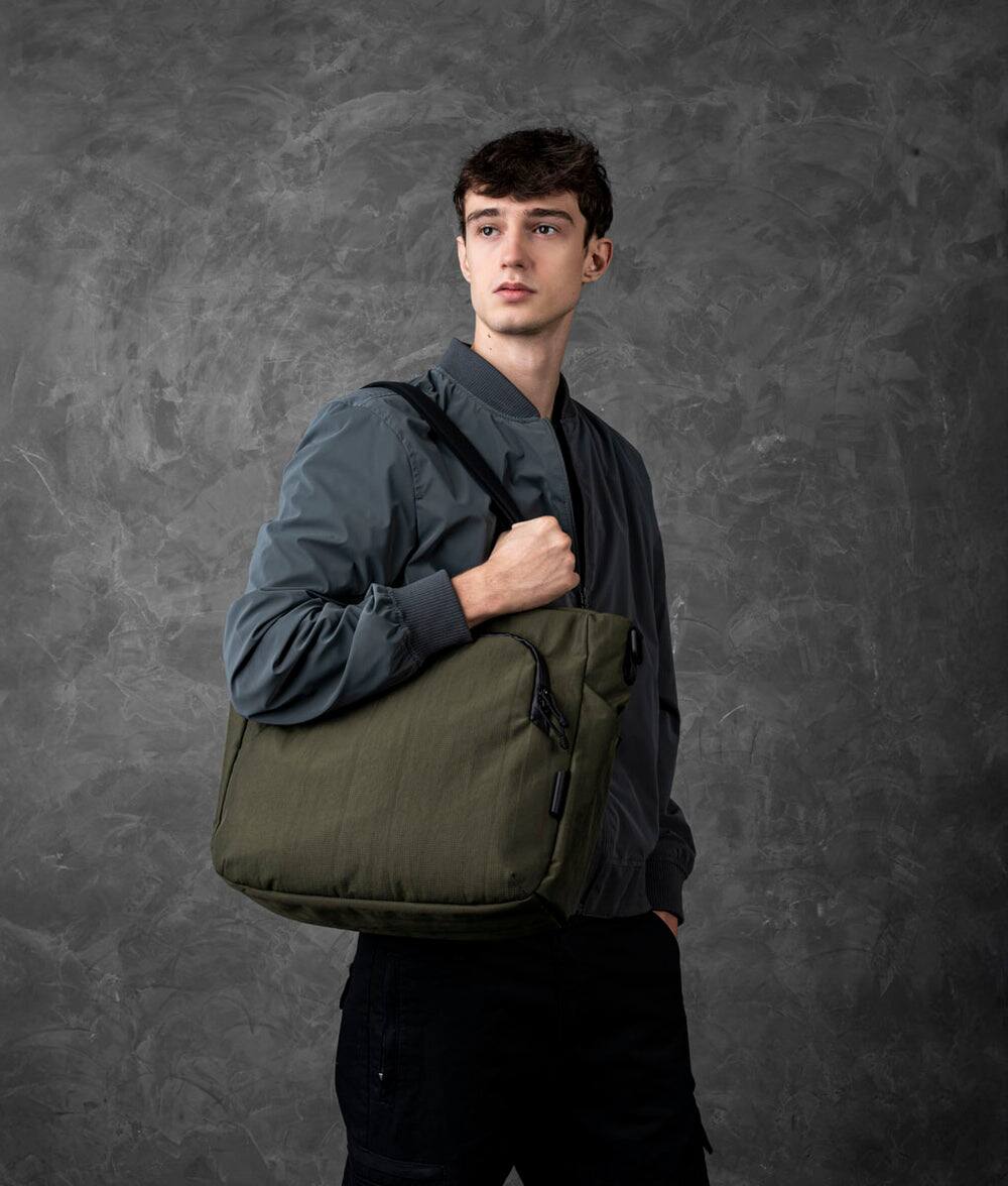 Angle. ALPAKA - Bravo Tote V2 Work & Travel Laptop Tote Bag, Fits 16” MacBook Pro + 14” Tablet - Green Axoflux 400D.