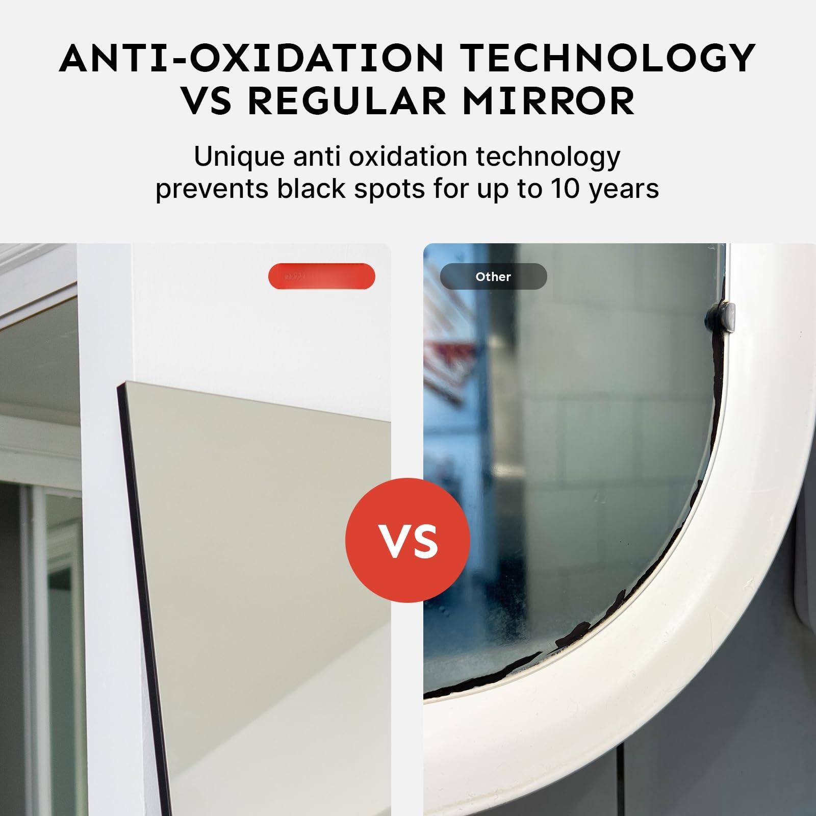ANTI-OXIDATION TECHNOLOGY VS REGULAR MIRROR

Unique anti oxidation technology prevents black spots for up to 10 years

VS

Other
