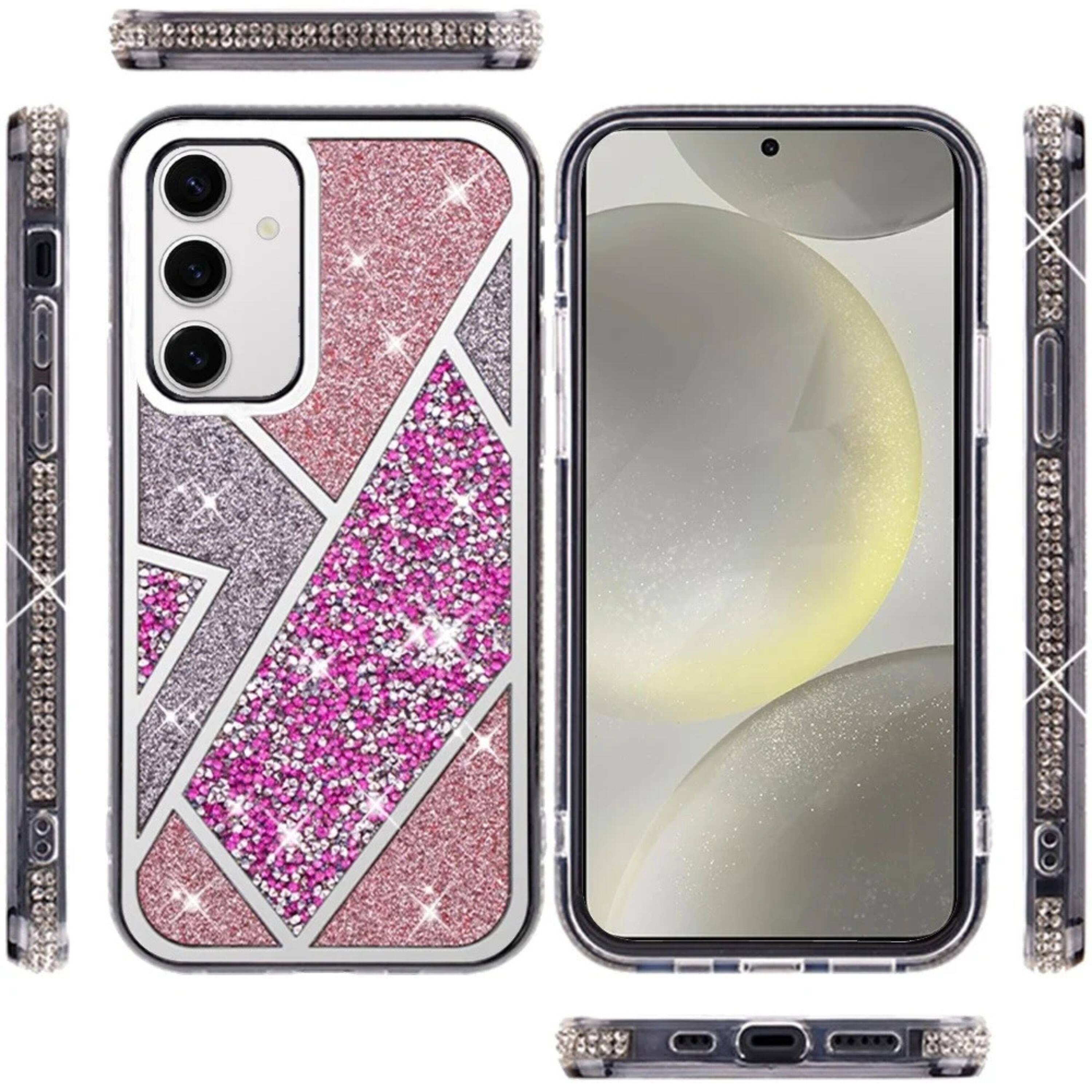 Left. Kitcheniva - Rhombus Bling Glitter Diamond Phone Case With Tempered Glass For Samsung S25 Plus S24 Plus Rose Pink - Pink.