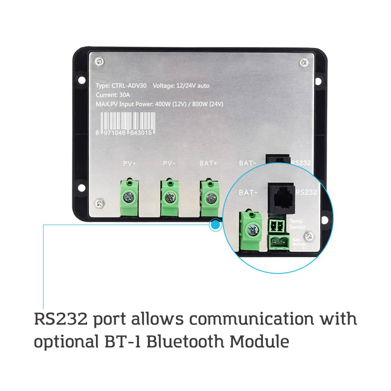 The image shows a device with a label that reads "RS232 Port allows communication with optional T-1 Bluetooth Module." The device is designed to provide communication options for various purposes, such as remote control, temperature sensing, and battery management. The label indicates that the device is compatible with an optional T-1 Bluetooth Module, which can be used to enhance its communication capabilities. The device is designed to operate with a voltage range of 12-24V and has a maximum current of 30A.