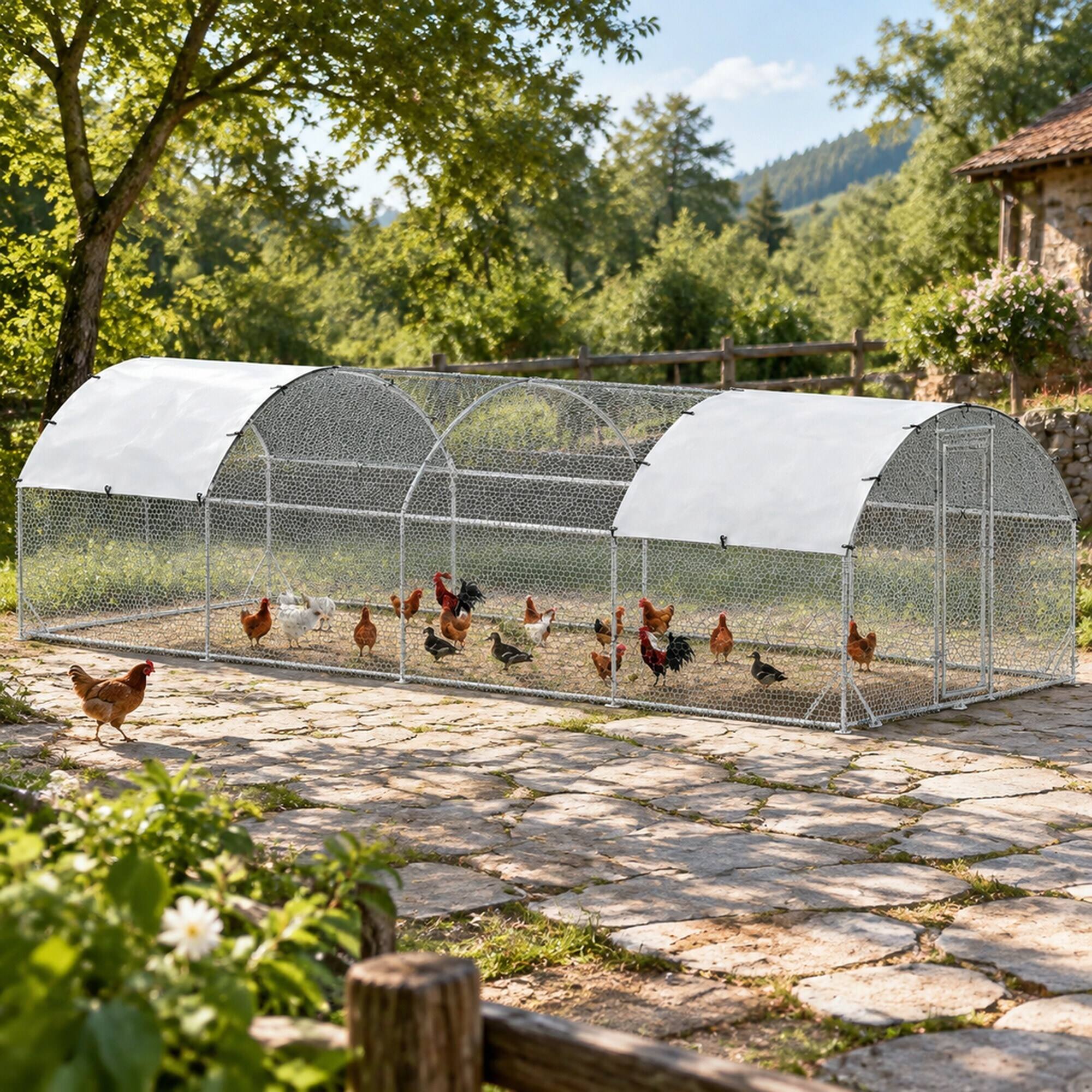 Angle. RYHNUYNE - 9.2 ft x 24.9 ft Metal Chicken Coop, Walk-In Design, Galvanized Steel Frame, Oxford Cloth Roof for Yard and Outdoor Use.