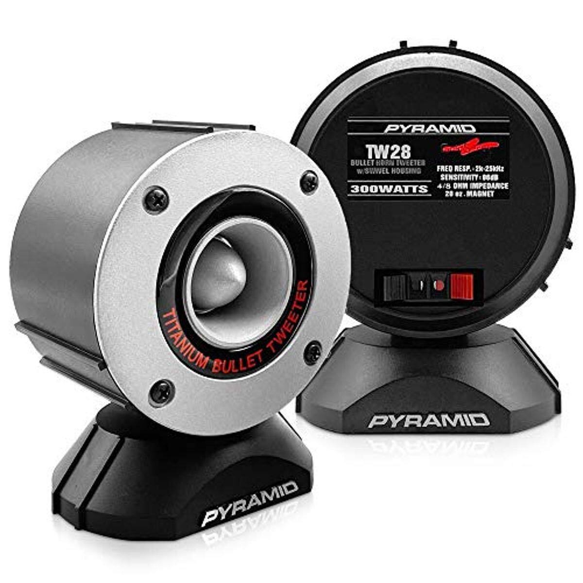 PYRAMID TW28 BULLET TWEETER W SWIVEL HOUSING  
FRED RESP. 23 - 25kHz  
SENSITIVITY 0640  
4/8 Ω IMPEDANCE  
300WATTS  
20 OZ. MAGNET  
TITANIUM TWEETER  
PYRAMID