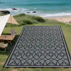 Front. Outsunny - Outdoor Rug for Patio, 9' x 18' Waterproof Large Mat, Reversible Plastic Straw Rug for Décor - Black and Gray Lantern.