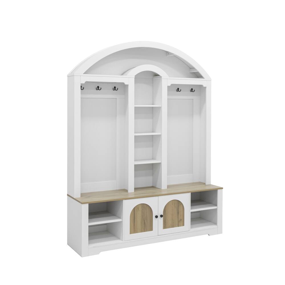 Alt View 7. Loheer - Loheer Curved Entrance Wardrobe Hall Tree With Shoe Bench Two-Tone 59-Inch - White and Walnut.