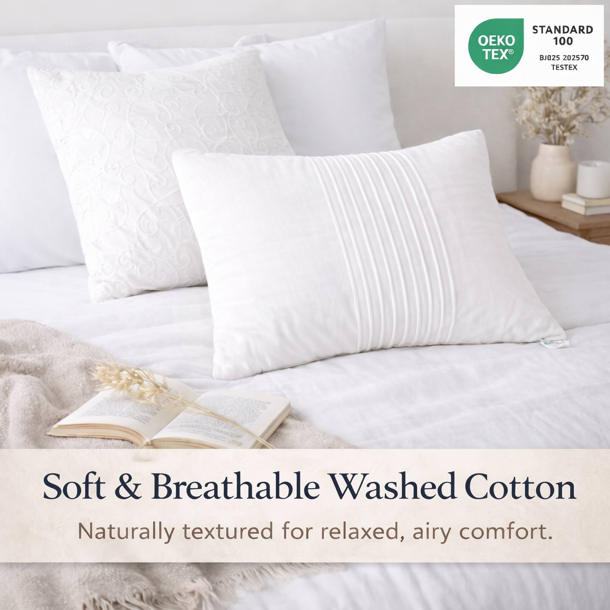 STANDARD 100  
OEKO TEX  
BJ025 202570  
TESTEX  

Soft & Breathable Washed Cotton  
Naturally textured for relaxed, airy comfort.