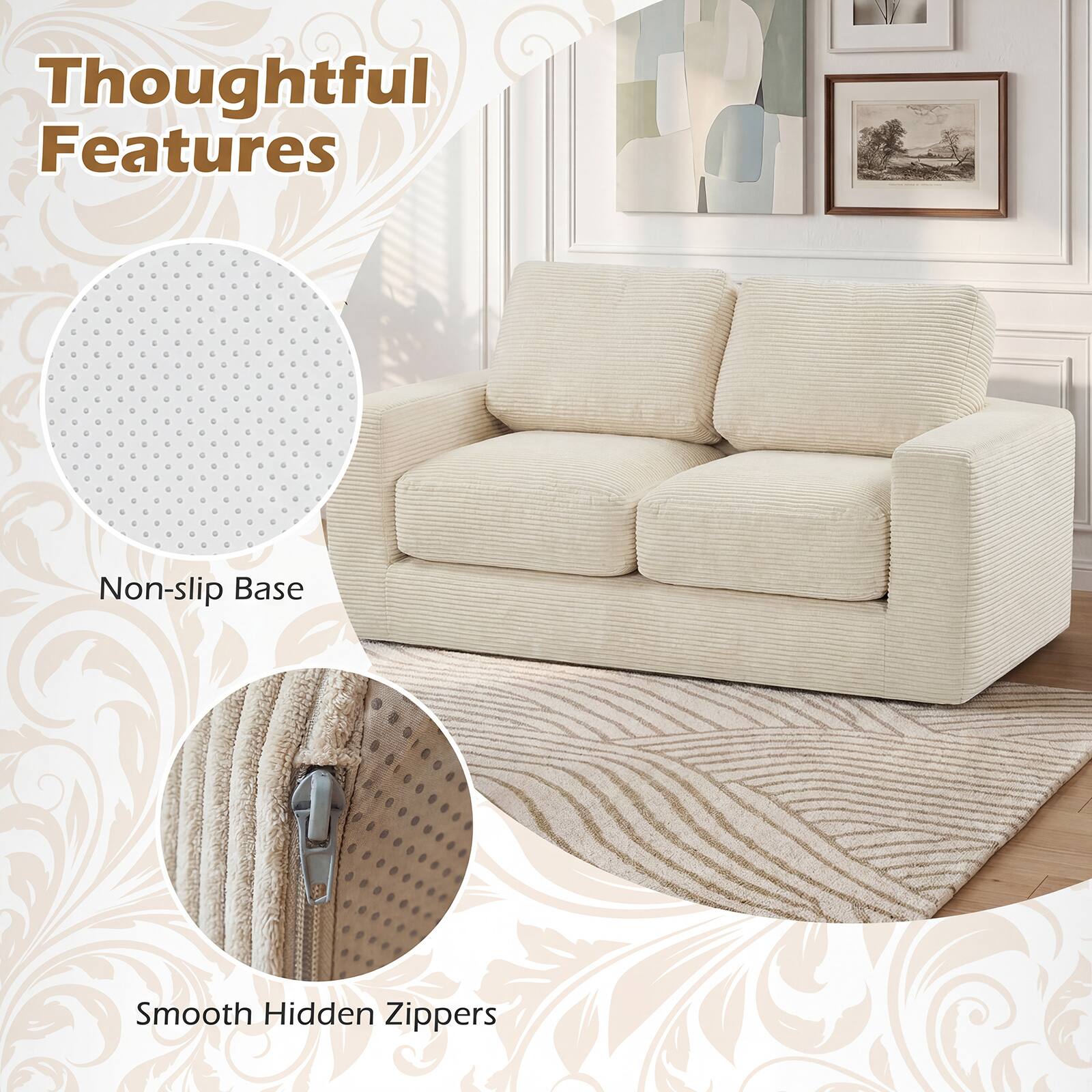 Thoughtful Features  
Non-slip Base  
Smooth Hidden Zippers