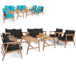 Gymax - 8PCS Patio Conversation Set Wood Frame Furniture Set w/ Turquoise & Black Cushions - Black,Turquoise