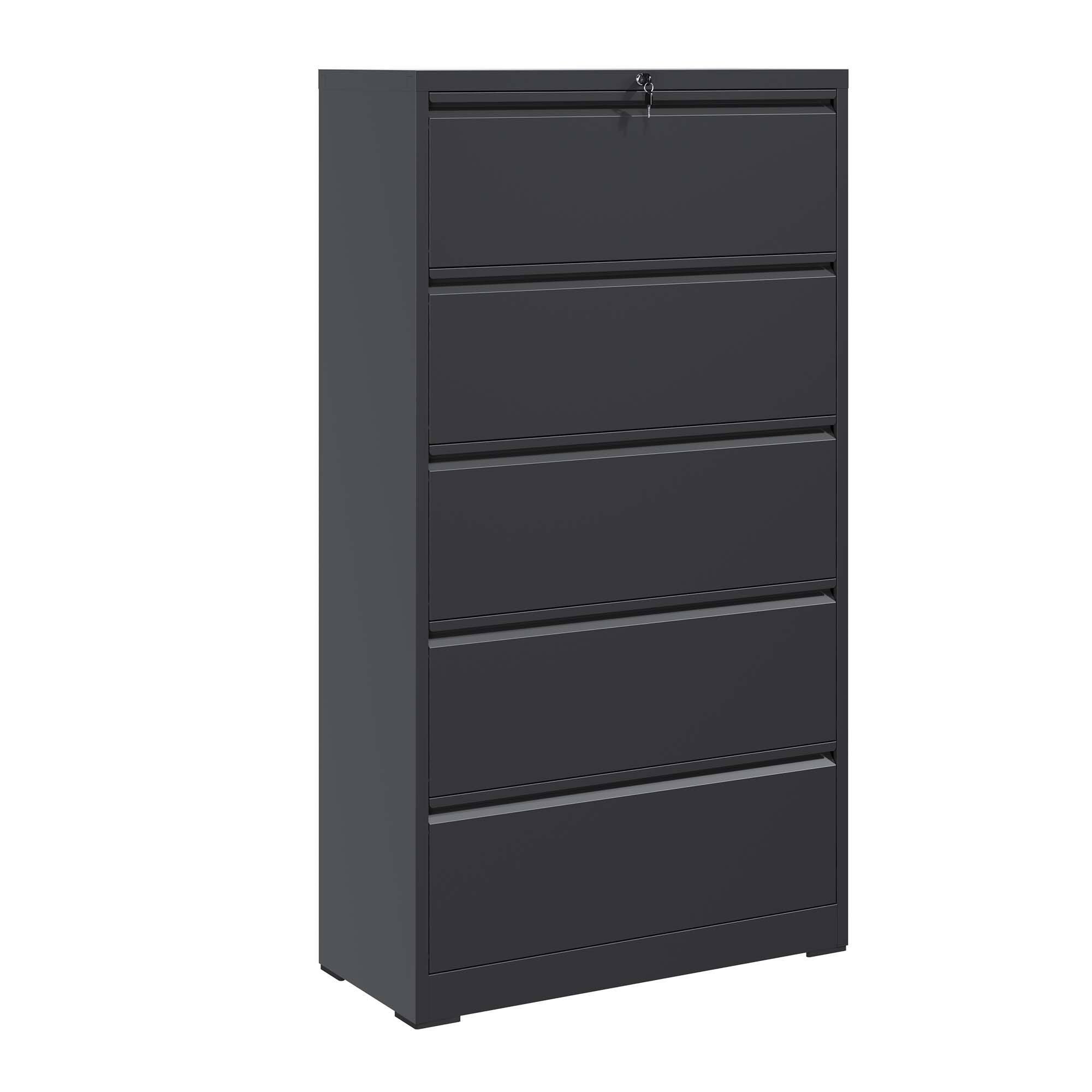 Back. Mirfee - 5-Drawer Lateral File Cabinet with Lock, for Legal/Letter/A4/F4 Files - Black.