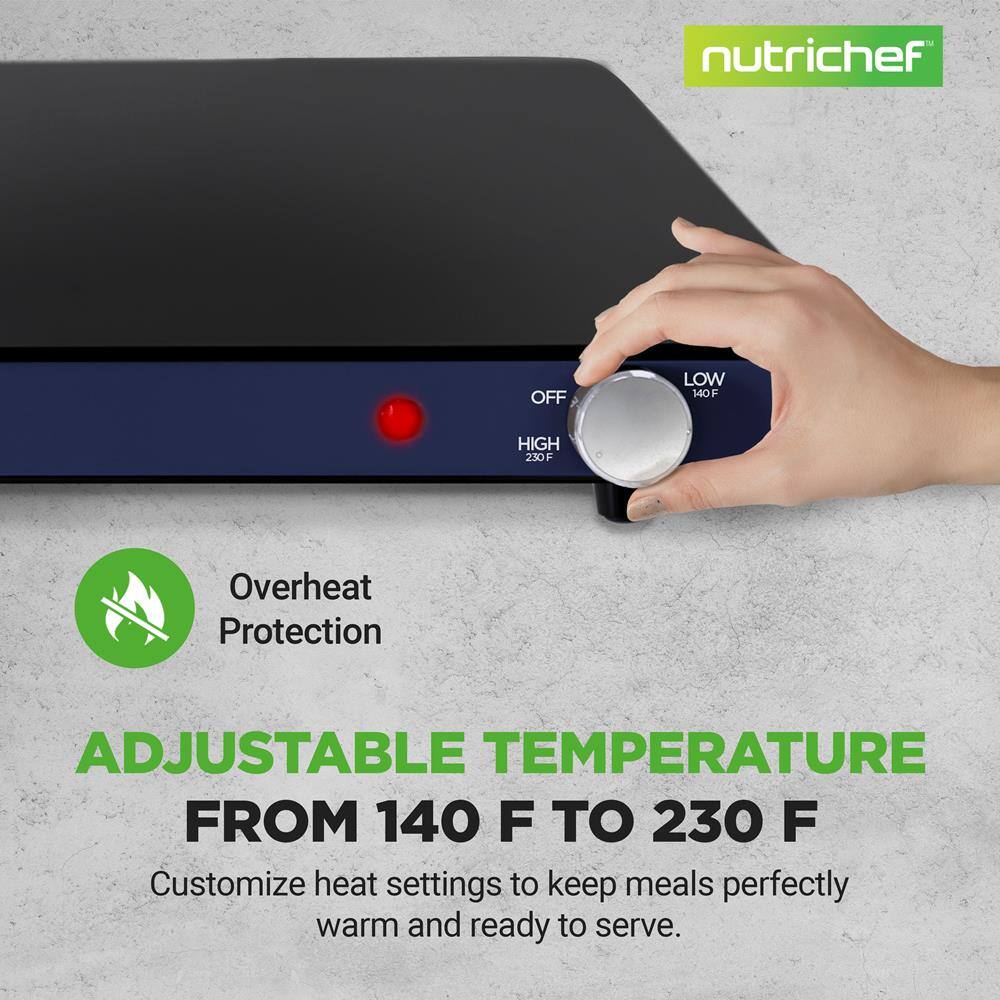 nutrichef OFF LOW 140F HIGH 250F Overheat Protection ADJUSTABLE TEMPERATURE FROM 140 F TO 230 F Customize heat settings to keep meals perfectly warm and ready to serve.