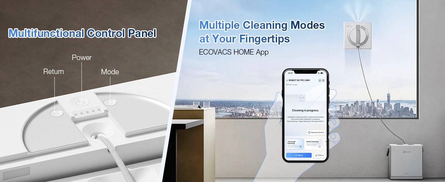 Multifunctional Control Panel Power Multiple Cleaning Modes at Your Fingertips ECOVACS HOME App Return Mode 19:07 . WINER WI P CA Cleaning in progress.