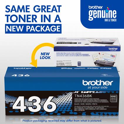 SAME GREAT TONER IN A NEW PACKAGE  
brother genuine INK & TONER  
NEW LOOK  
SUPER CARTOUCHE DE CARTUCHO DE  
brother at your side  
TN436BK  
6500  
436  
Product packaging received may differ from what is pictured.