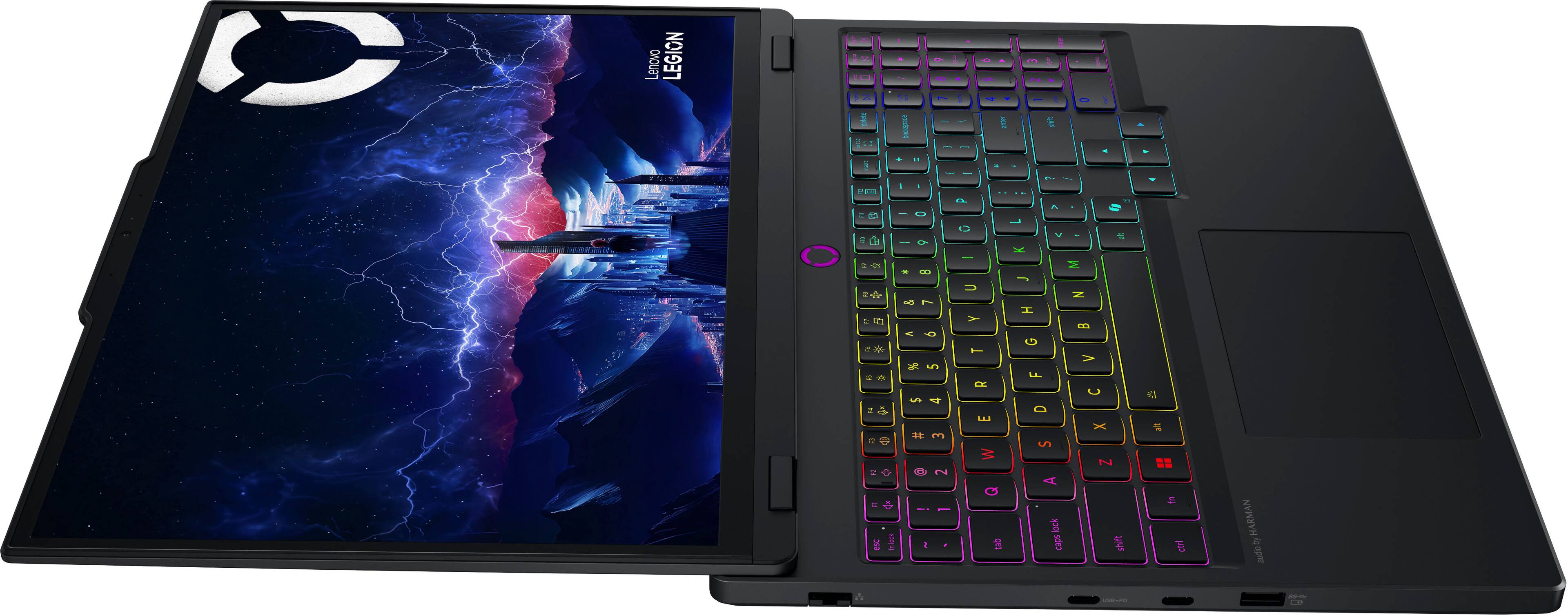 Lenovo Legion laptop computer with a colorful keyboard.