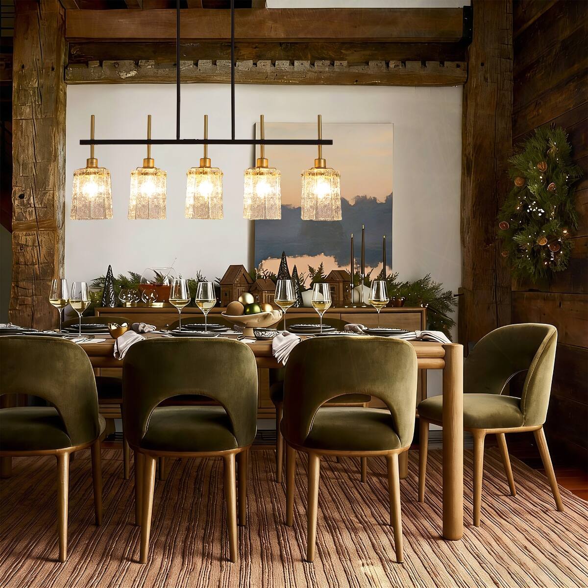 Alt View 1. Loheer - Loheer Five Light Linear Chandelier With Water Ripple Glass for Dining Room or Kitchen Island.