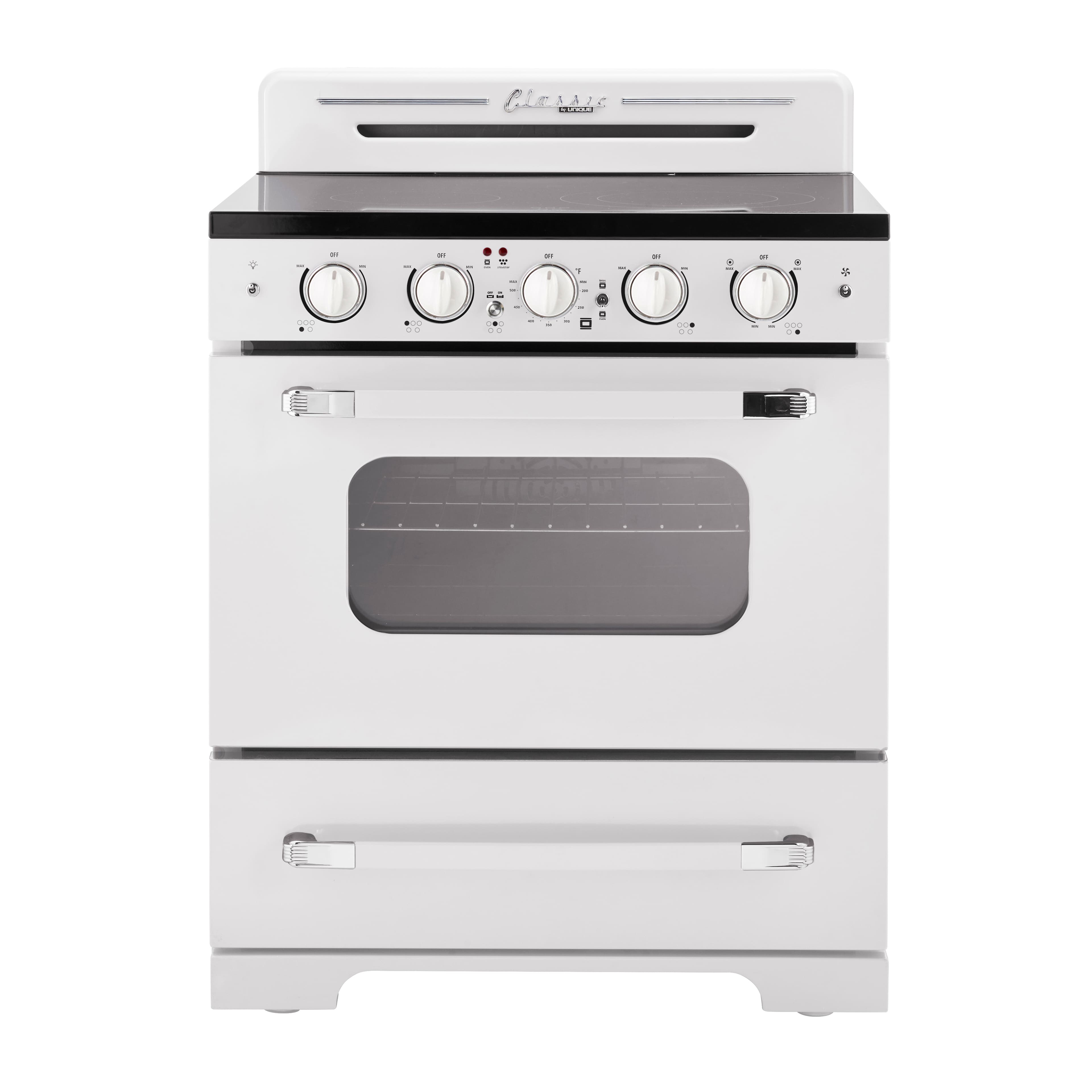Unique Appliances - 30 in. Wide 5 Elements Classic Retro 3.9 Cu. Ft. Freestanding Electic Convection Range with Glass Top and Storage Drawer - Marshmallow White