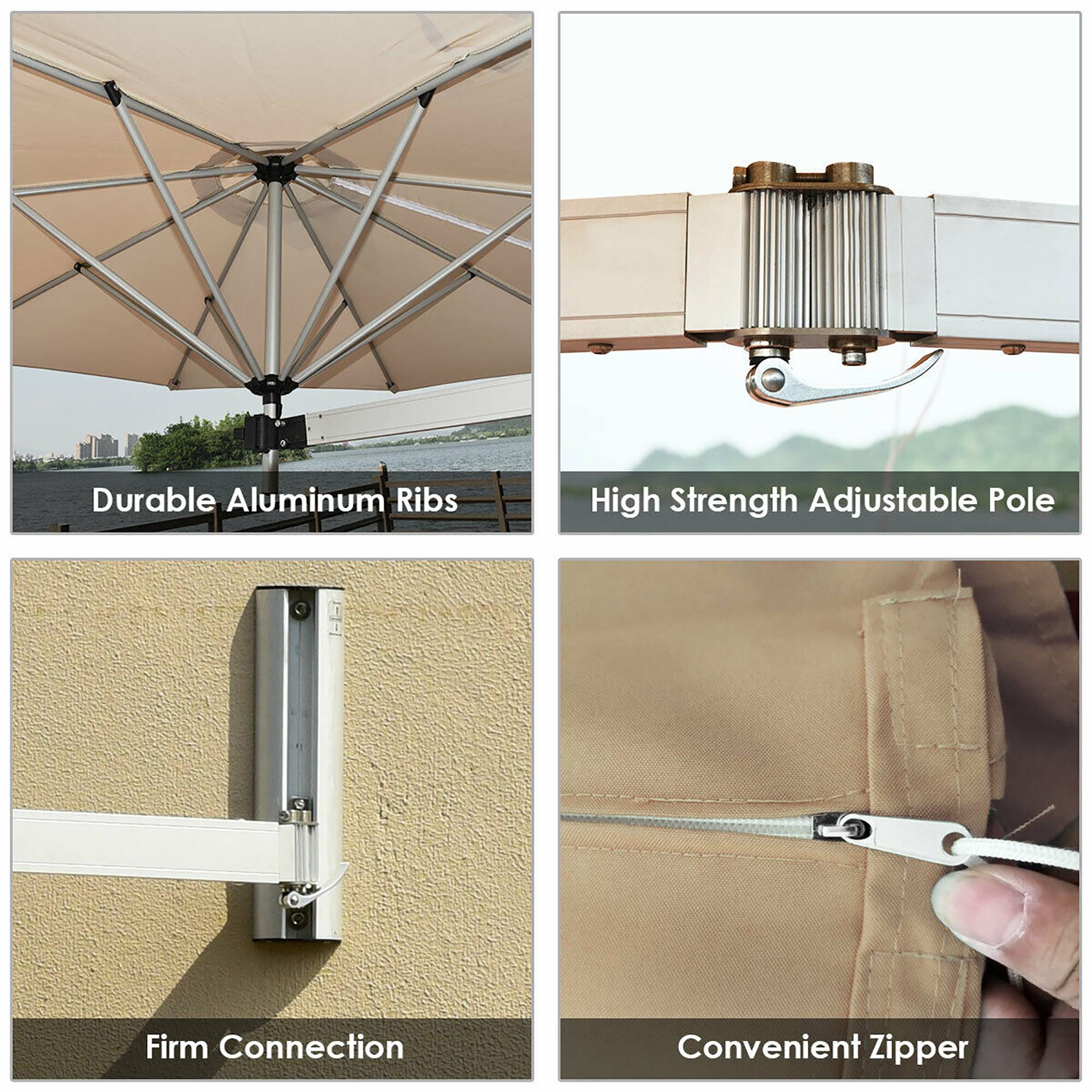 - Durable Aluminum Ribs
- High Strength Adjustable Pole
- Firm Connection
- Convenient Zipper