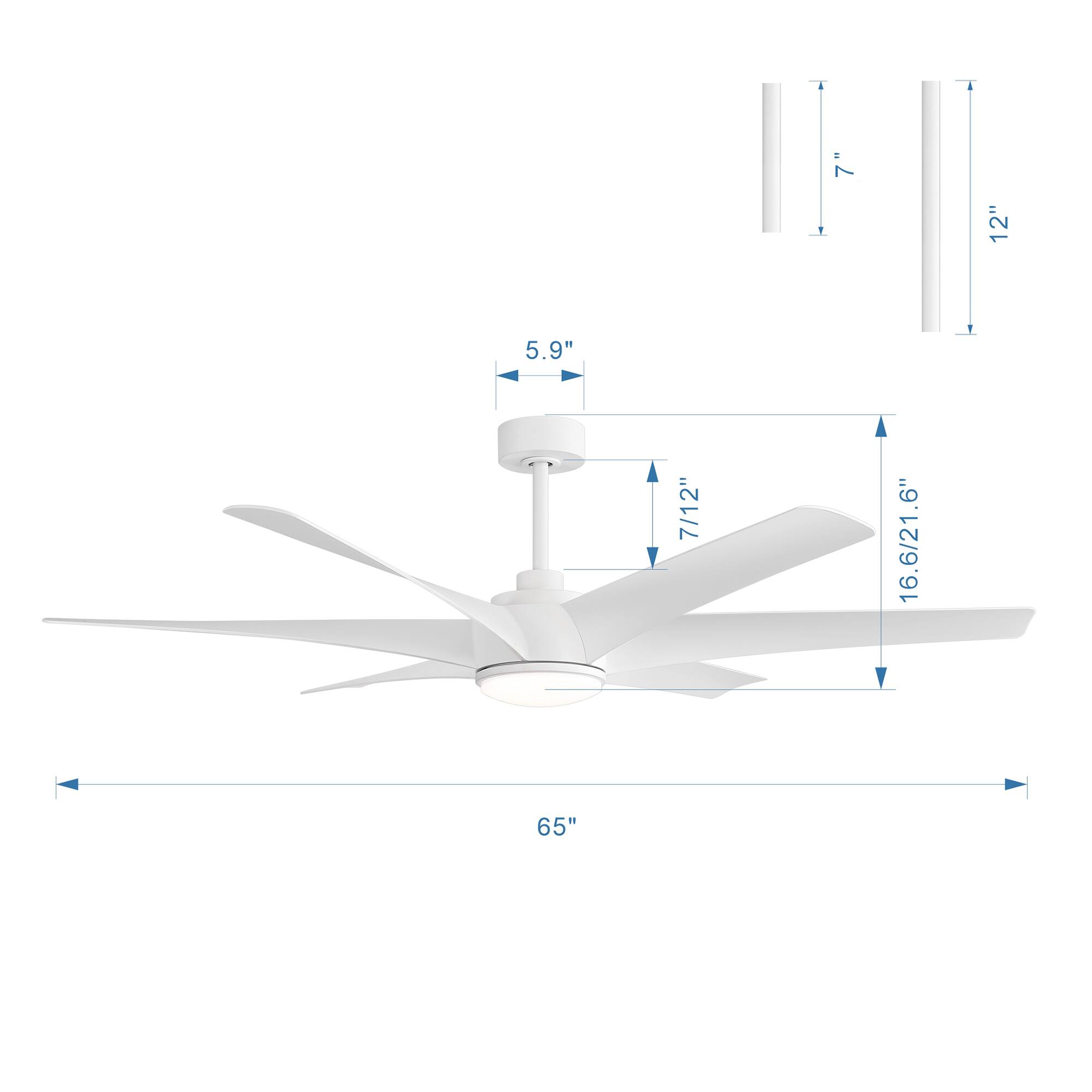 7", 12", 5.9", 7/12", 16.6/21.6", 65"