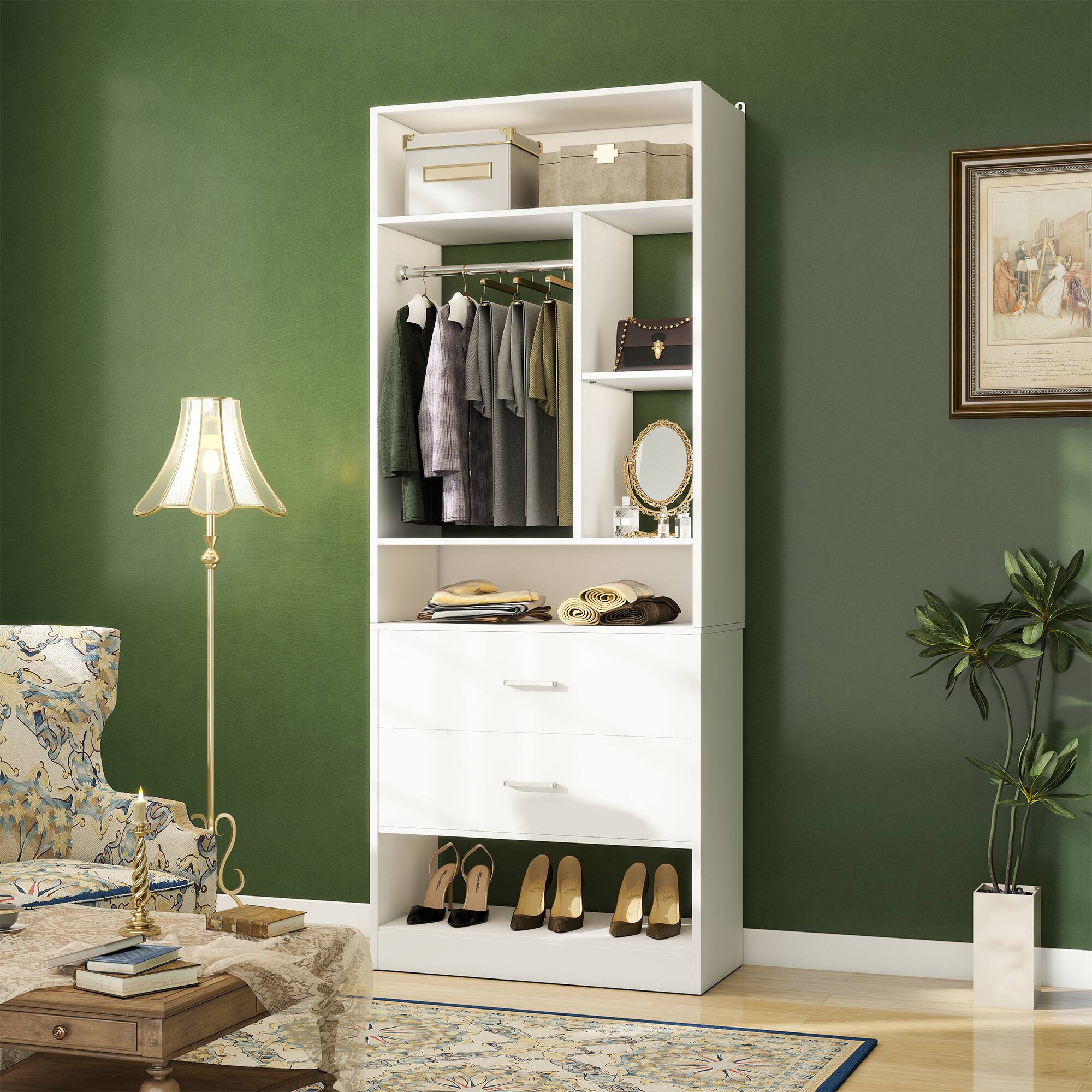 Angle. Aheaplus - 4FT Closet Organizer with 4 Drawers, 10+ Shelves & 2 Rods – Set of 2 (48" L x 15" W x 80" H) - White.