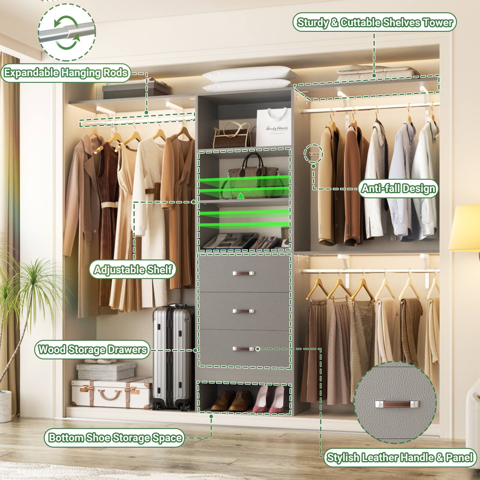 - Expandable Hanging Rods
- Sturdy & Cuttable Shelves Tower
- Anti-fall Design
- Adjustable Shelf
- Wood Storage Drawers
- Bottom Shoe Storage Space
- Stylish Leather Handle & Panel