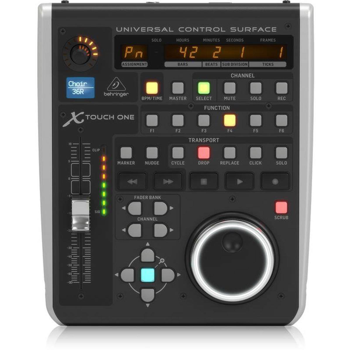 UNIVERSAL CONTROL SURFACE

SOLO Pn ASSIGNMENT

HOURS MINUTES SECONDS 42 2 1

BARS BEATS SUB DIVISION FRAMES TICKS

Choir 36R behringer

BPM/TIME MASTER

SELECT CHANNEL MUTE SOLO REC

TOUCH ONE

FUNCTION F2 F3 F4

TRANSPORT F5 F6

MARKER NUDGE CYCLE DROP REPLACE CLICK SOLO

FADER BANK S1G

CHANNEL SCRUB

-30 -40 d 0 C + +