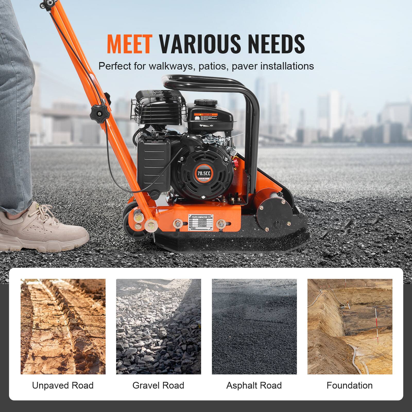 MEET VARIOUS NEEDS  
Perfect for walkways, patios, paver installations  

- Unpaved Road  
- Gravel Road  
- Asphalt Road  
- Foundation