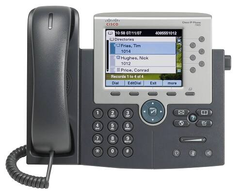 CISCO Cisco IP Phone 7565  
10:58 07/11/07  
4085551012  

Directories  
1 Frias, Tim 1014  
2 Hughes, Nick 1012  
3 Price, Conrad  

Records 1 to 4 of 4  
Dial | EditDial | Exit | more  

1 2 3 4 5 6 7 8 9 * 0 #  
AC DEP MNO TUV HXYZ