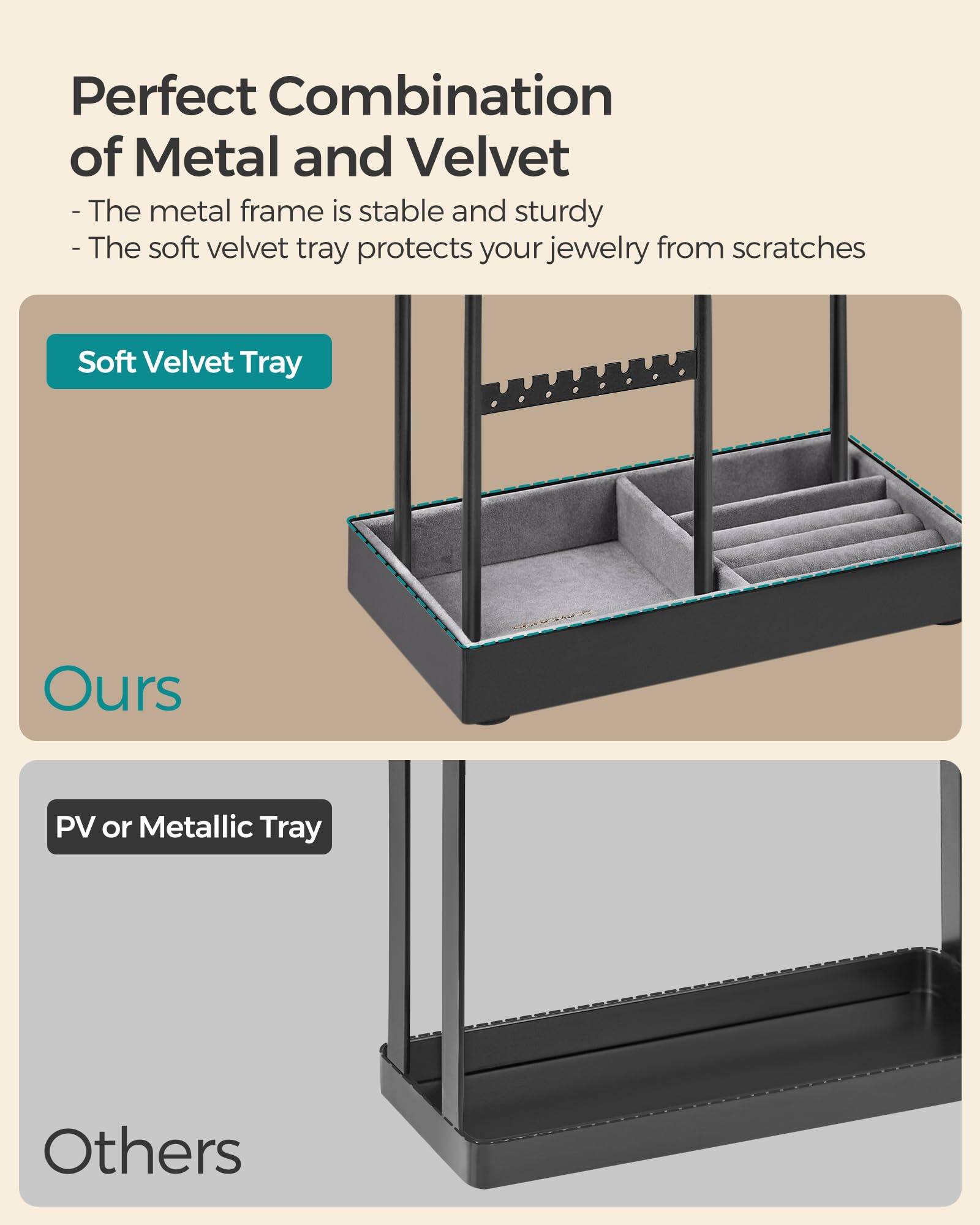 Perfect Combination of Metal and Velvet  
- The metal frame is stable and sturdy  
- The soft velvet tray protects your jewelry from scratches  

Soft Velvet Tray  
Ours  

PV or Metallic Tray  
Others