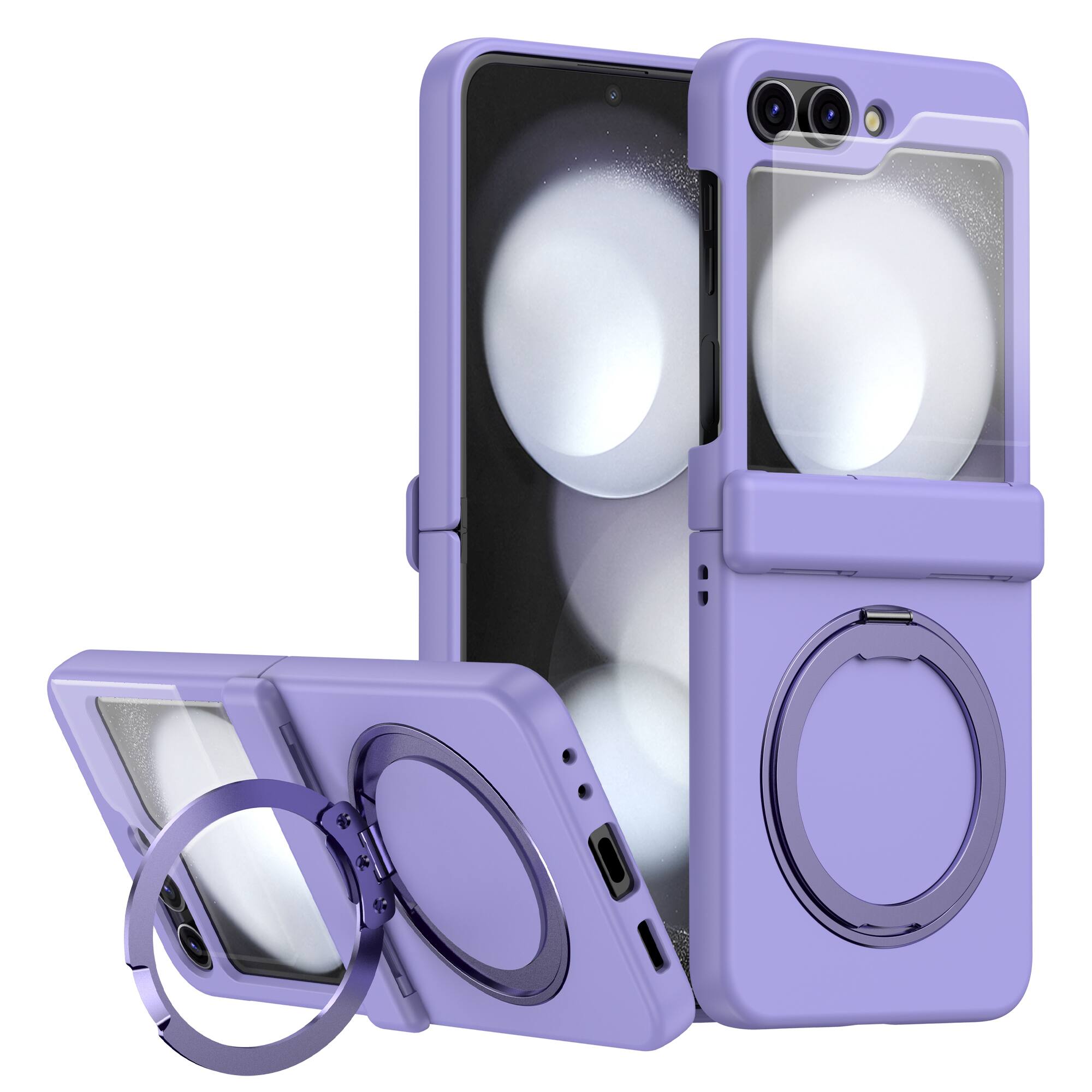 Dteck - Magnetic Case for Samsung Galaxy Z Flip 6 with Screen Protector , 360° Rotating Kickstand Shockproof Hinge Cover - Purple