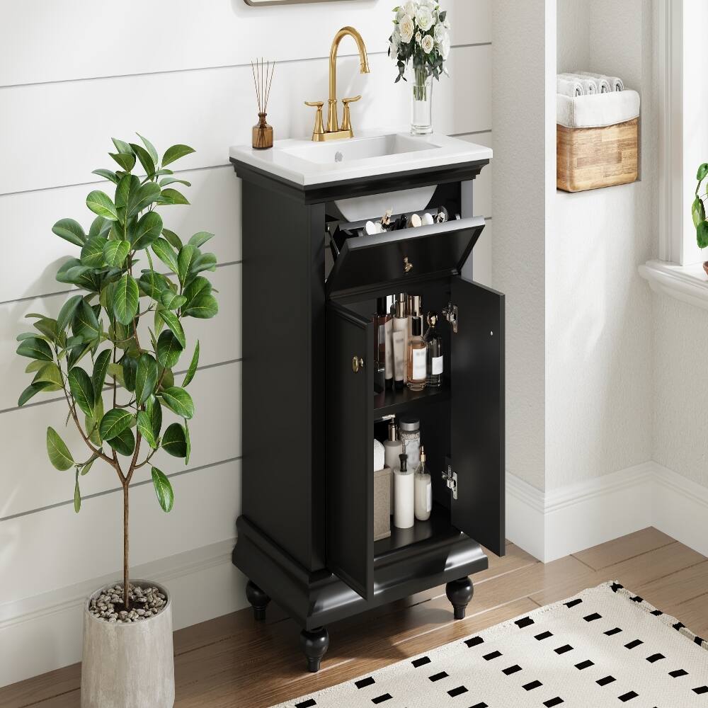 Alt View 7. Loheer - Loheer 24 inch black bathroom vanity with Ceramic Sink, Modern Bathroom Vanity with Tip-Out Drawer & Soft Close Hinges - Black.
