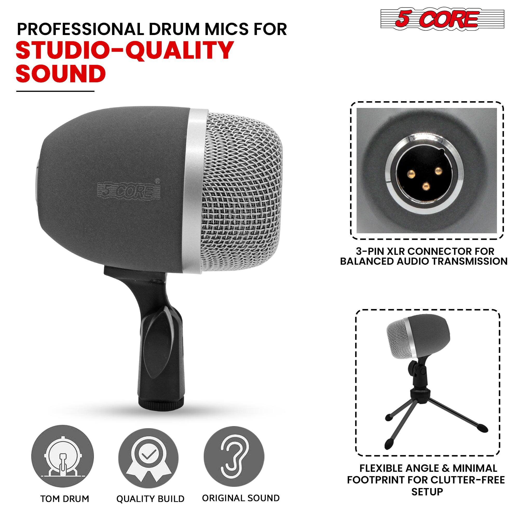 PROFESSIONAL DRUM MICS FOR  
STUDIO-QUALITY SOUND

5 CORE

3-PIN XLR CONNECTOR FOR BALANCED AUDIO TRANSMISSION

FLEXIBLE ANGLE & MINIMAL FOOTPRINT FOR CLUTTER-FREE SETUP

TOM DRUM  
QUALITY BUILD  
ORIGINAL SOUND