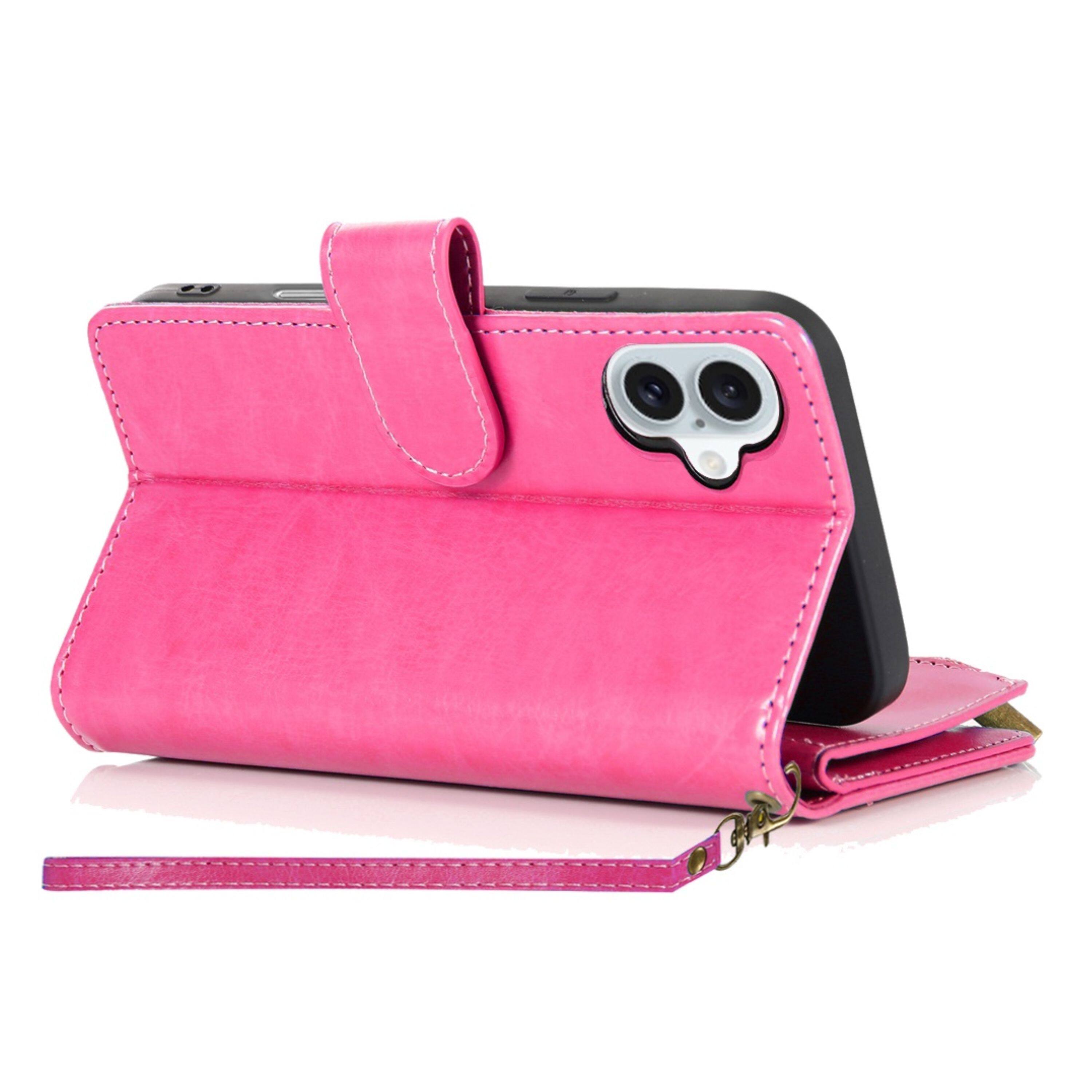 Left. Kitcheniva - PU Leather Phone Wallet Phone Case With Zipper Tempered Glass For iPhone 17 Hot Pink - Hot Pink.