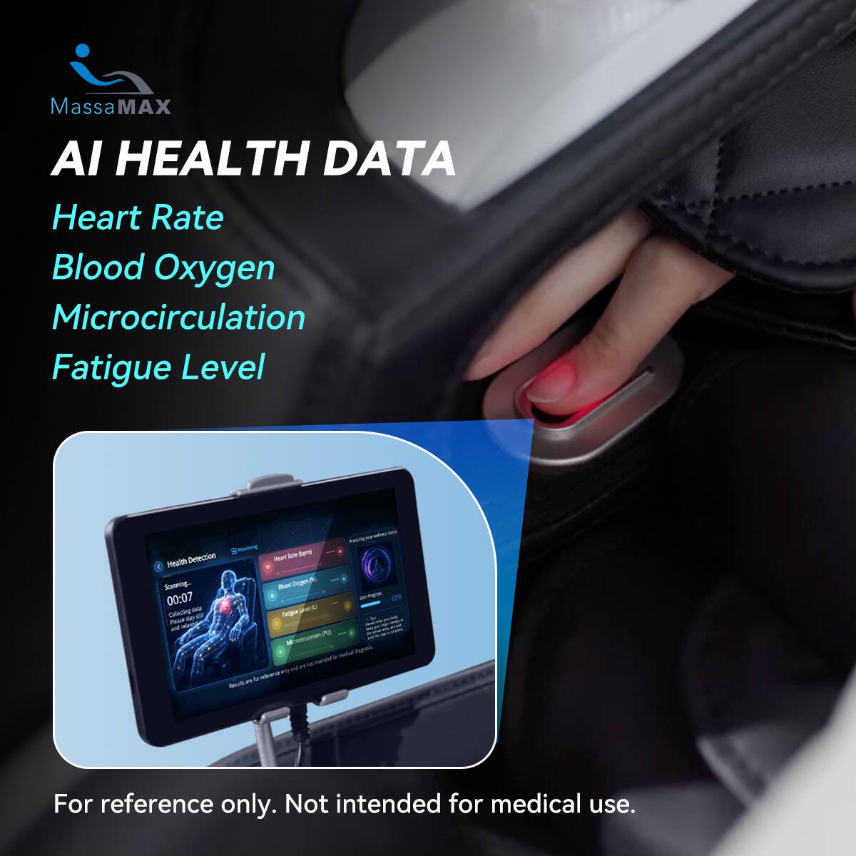 Massa MAX AI HEALTH DATA  
Heart Rate  
Blood Oxygen  
Microcirculation  
Fatigue Level  

Kentrig topm) Detection Heart Roter Health Scanning...  
Blood Oxygen 00:07 65% Caleding SCIA Facigue say  Pest and PM Microciation medial R & facts  

For reference only. Not intended for medical use.