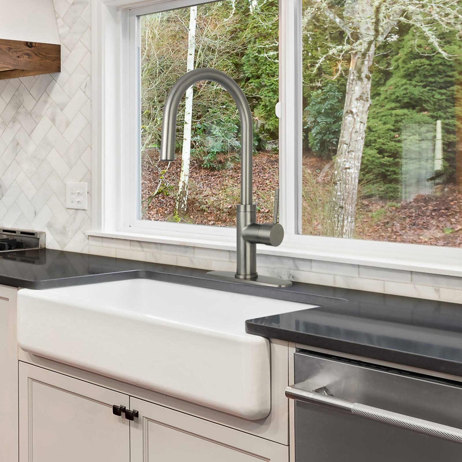 Alt View 5. Akicon - Akicon Single Handle Solid Brass Kitchen Faucet with Pull Down Sprayer in Gun Black - Gun Black.