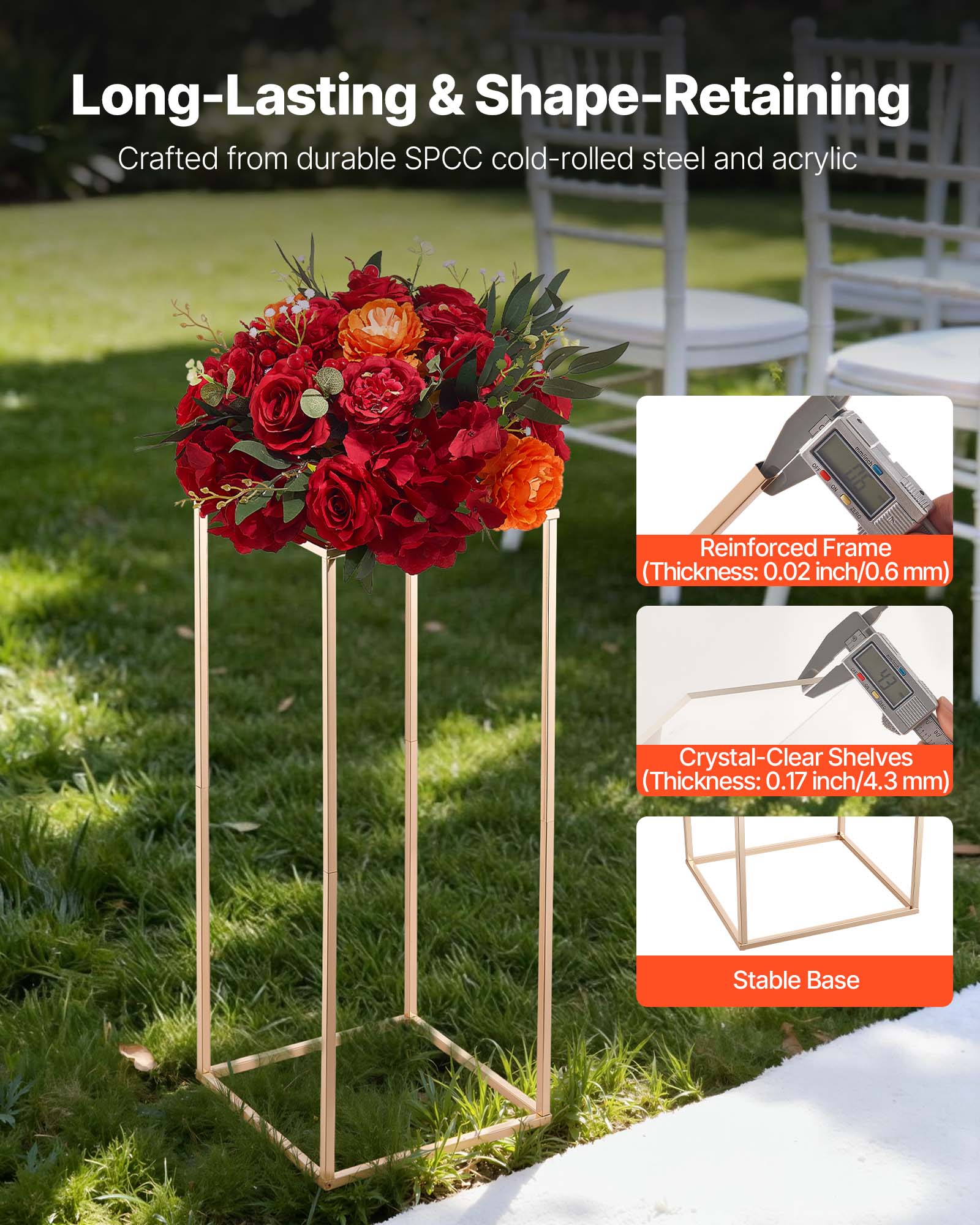 Long-Lasting & Shape-Retaining  
Crafted from durable SPCC cold-rolled steel and acrylic  

- Reinforced Frame (Thickness: 0.02 inch/0.6 mm)  
- Crystal-Clear Shelves (Thickness: 0.17 inch/4.3 mm)  
- Stable Base