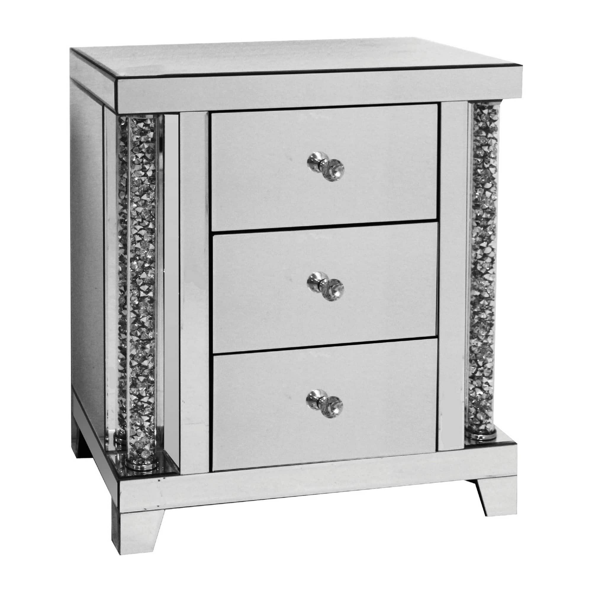 Manhattan Lane - Noe 26 Inch 3 Drawer Accent Table Nightstand, Mirrored, Faux Diamond Inlay - Silver