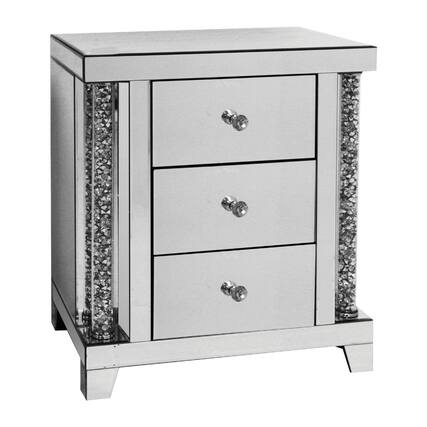 Front. Manhattan Lane - Noe 26 Inch 3 Drawer Accent Table Nightstand, Mirrored, Faux Diamond Inlay - Silver.