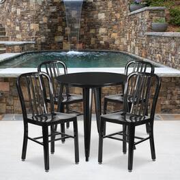 Emma + Oliver - Commercial Grade 30" Round Metal Indoor-Outdoor Table Set & 4 Slat Back Chairs - Black