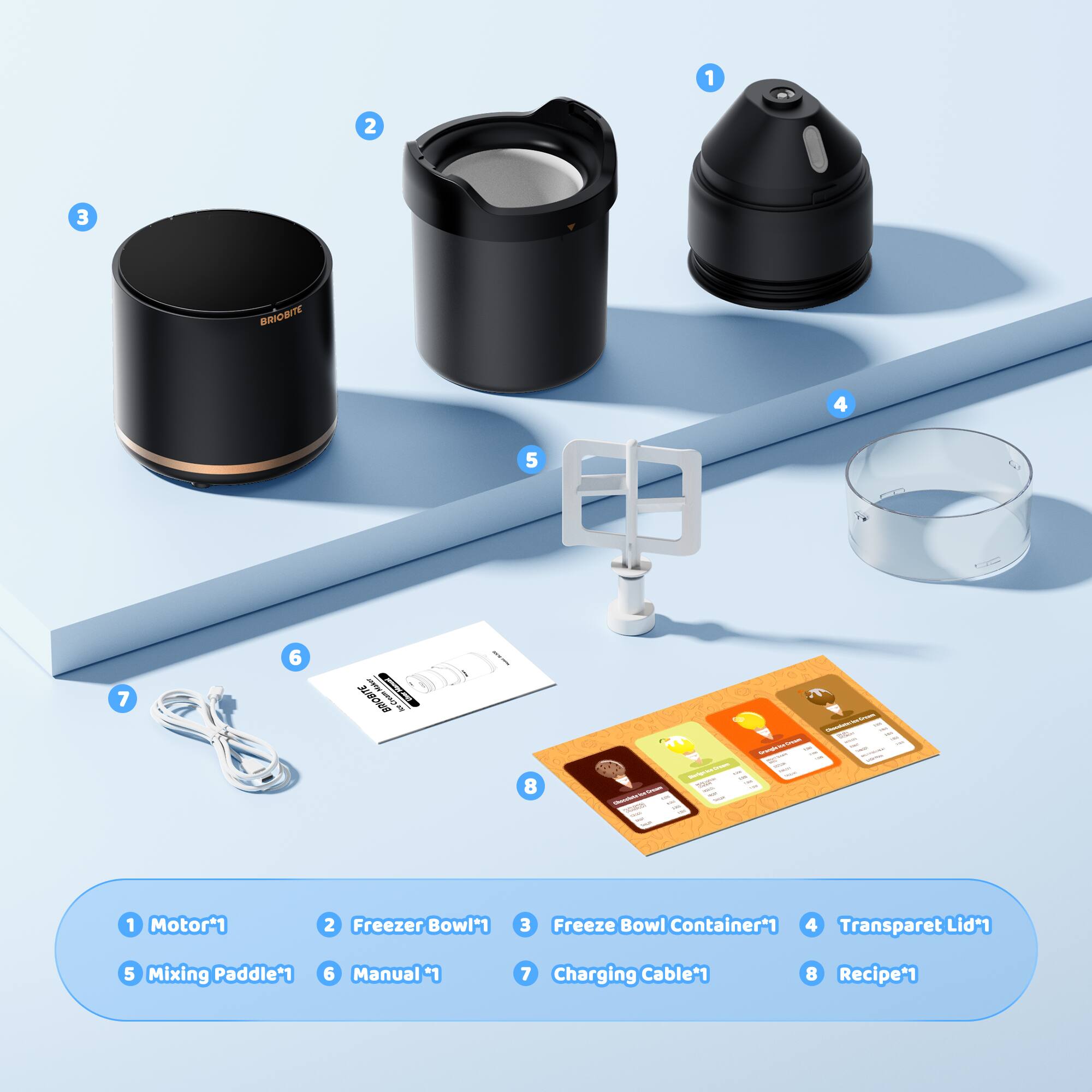 1. Motor*1  
2. Freezer Bowl*1  
3. Freeze Bowl Container*1  
4. Transparent Lid*1  
5. Mixing Paddle*1  
6. Manual*1  
7. Charging Cable*1  
8. Recipe*1